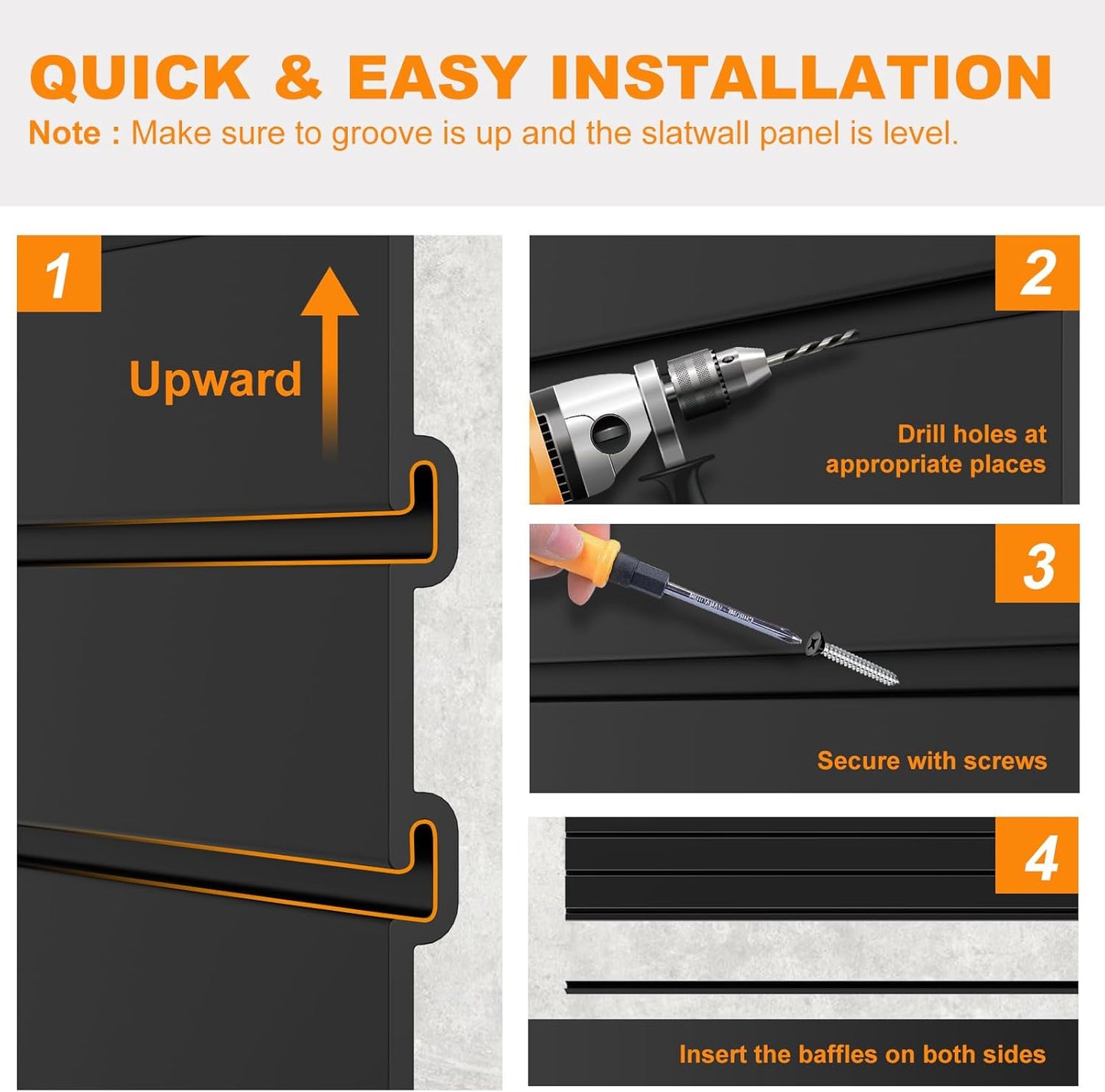 DoCred Slatwall Paneling Organizer, 4x2 FT PVC Garage Slat Wall Storage Systems, Heavy Duty Mounted Slat Peg Board for Tool Organization Ladder Bike Includes 20 PCS Hooks Accessories Kit (Black)