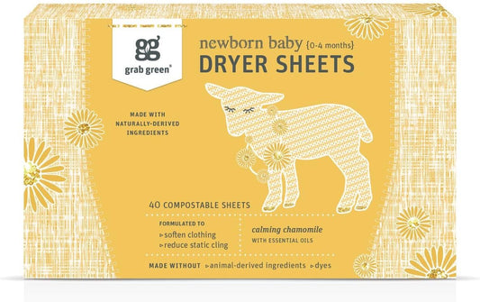 Grab Green Newborn Baby Dryer Sheets, 40 Sheets, Chamomile Scent, Plant and Mineral Based, Compostable, Softens Clothing and Linens, Reduces Static Cling