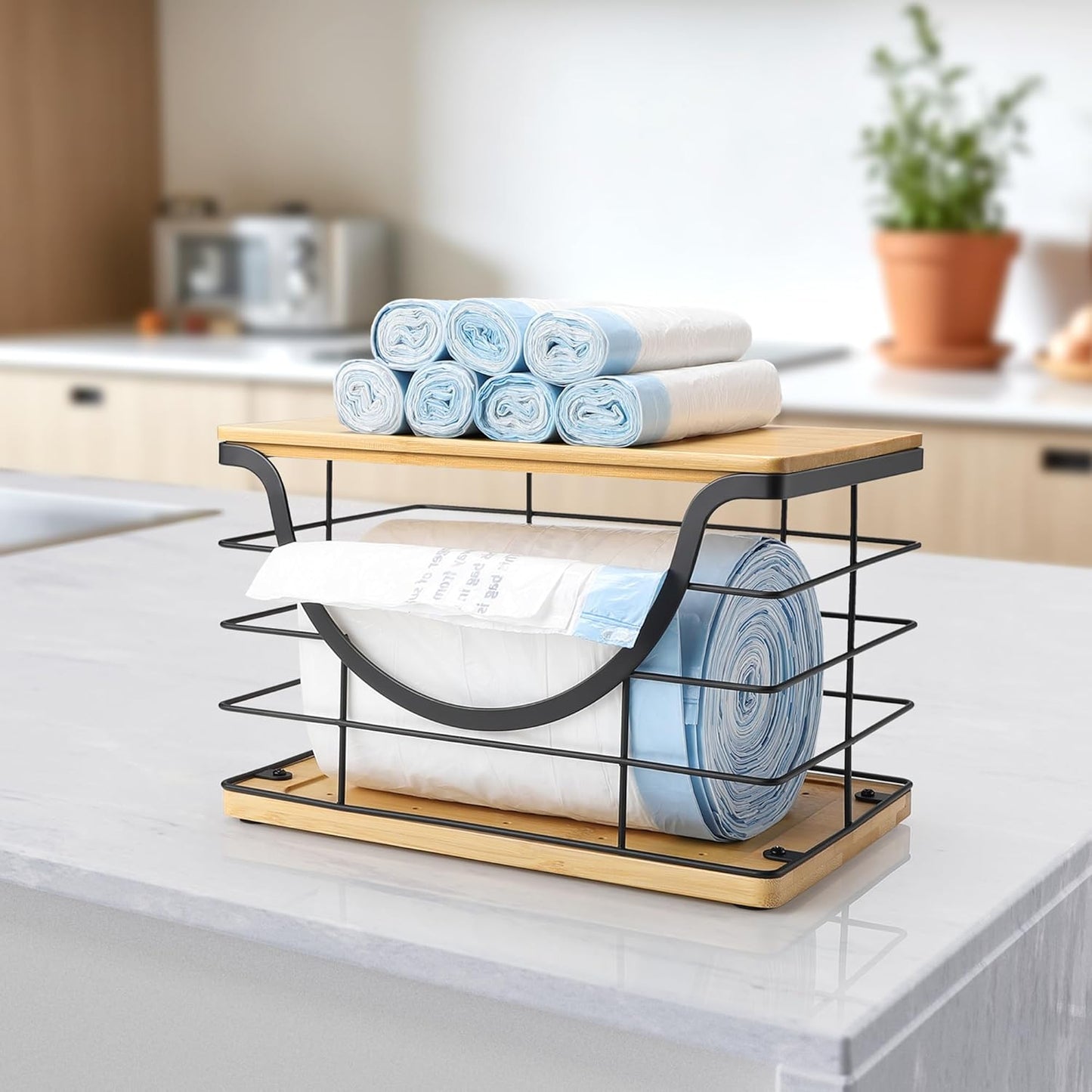 Extra Large Trash Bag Holder Under Sink Organizer Stackable Pantry Organizers and Storage with Lid, Wall Mounted Garbage Bag Dispenser Roll Holder for Kitchen Laundry Room Organization