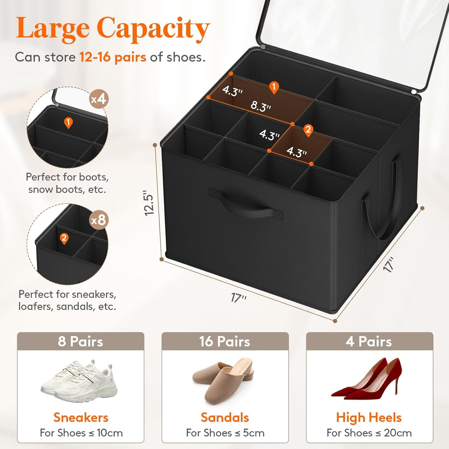 Lifewit Shoe Storage Organizer for Closet Fits 12-16 Pairs, Fabric Large Shoe Box Storage Container with Clear Cover, Foldable Bins Fit for Boots Heels Sneakers 17"(L) x 17"(W) x 12.5"(H) 3 Pack Black