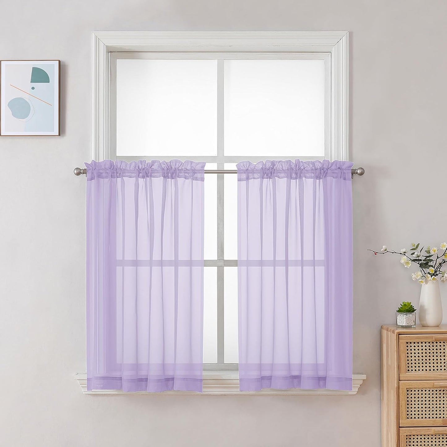 Chyhomenyc Lilac Sheer Curtains 30 inch Length 2 Panels, Light Filtering Voile Rod Pocket Short Window Curtians for Bathroom Living Room Farmhouse Small Windows, 42Wx30L inches