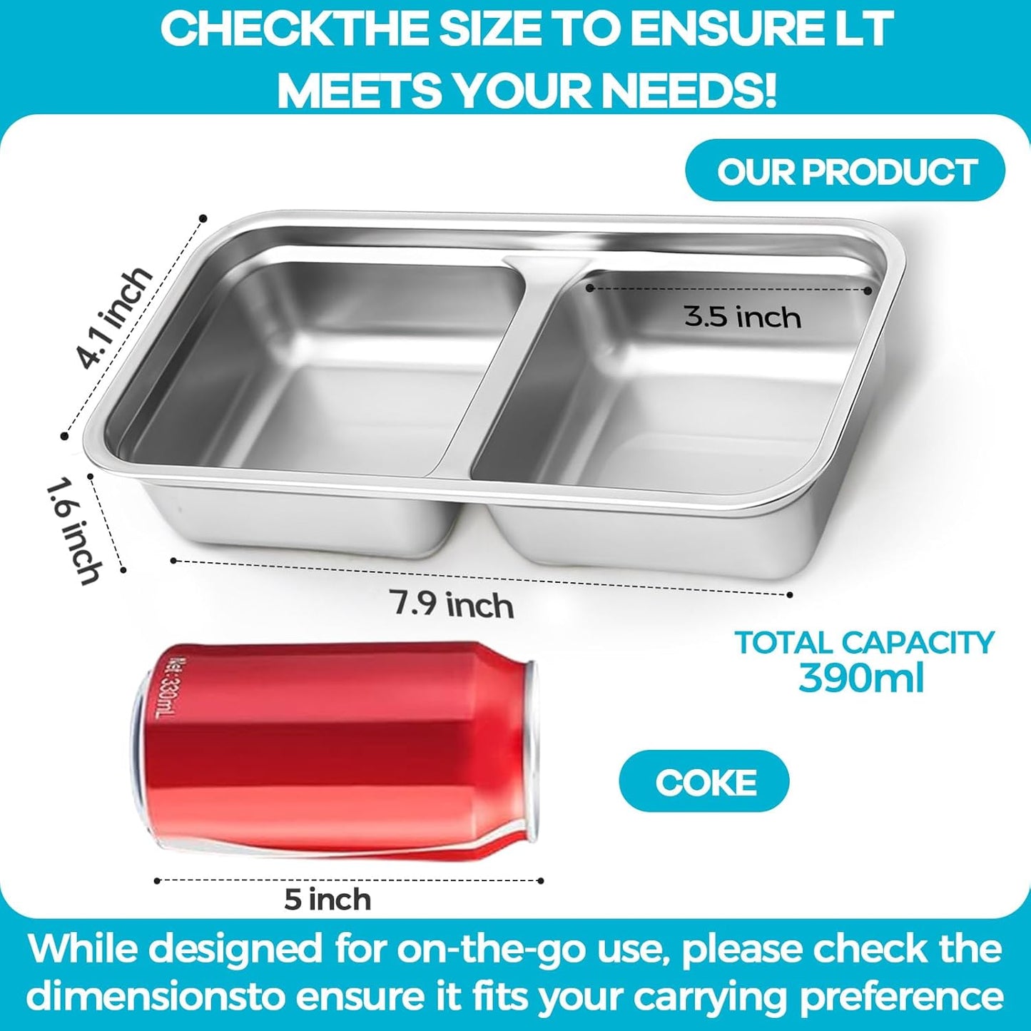 4 Pack Stainless Steel Snack Containers Reusable, Grab and Go 2 Compartment Food Storage Containers with Leakproof Lids for Travel and Outdoor Camping School Lunch Prep Dishwasher Safe 7.9" Size