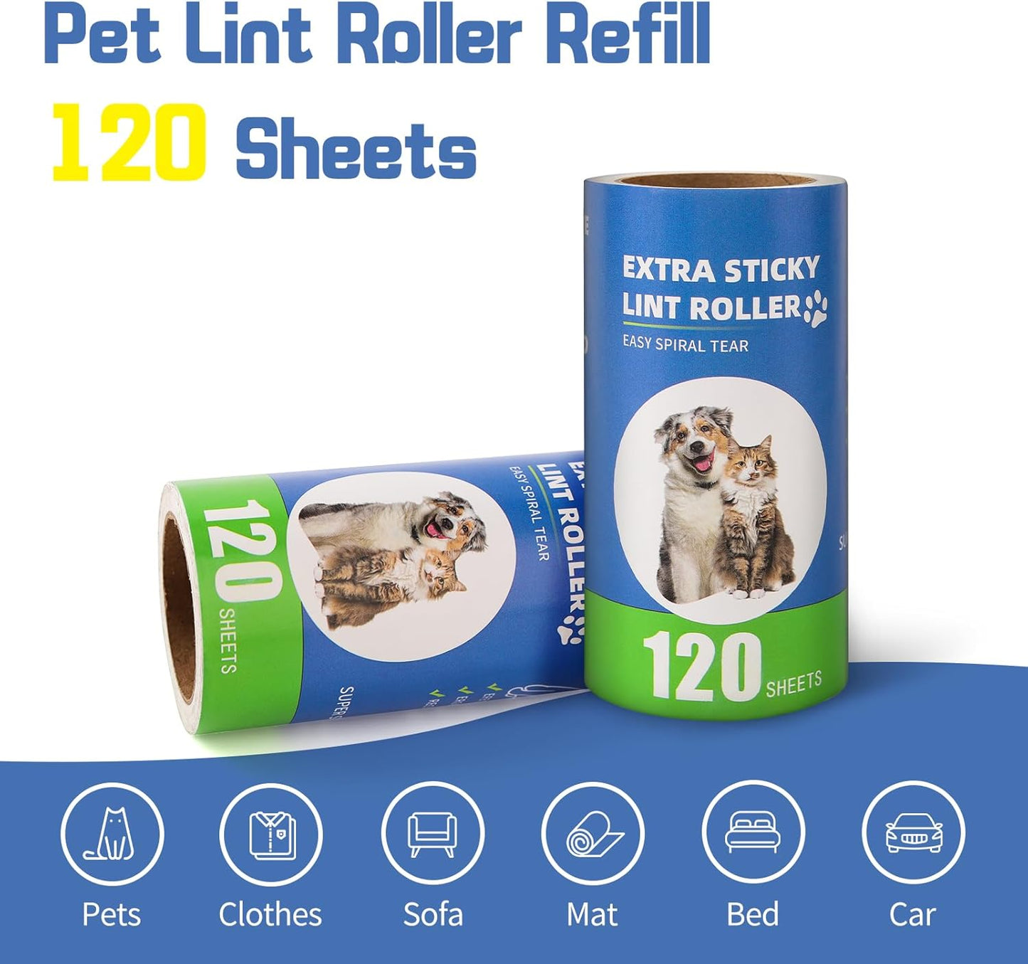 Extra Sticky Lint Roller Refills 10 Pack (1200 Sheets) fit 3.8"-4" Standard Size Lint Roller Sticker with Inner Diameter at 1.5" for Pet Hair, Clothes, Furniture, Cars, No Handle Included