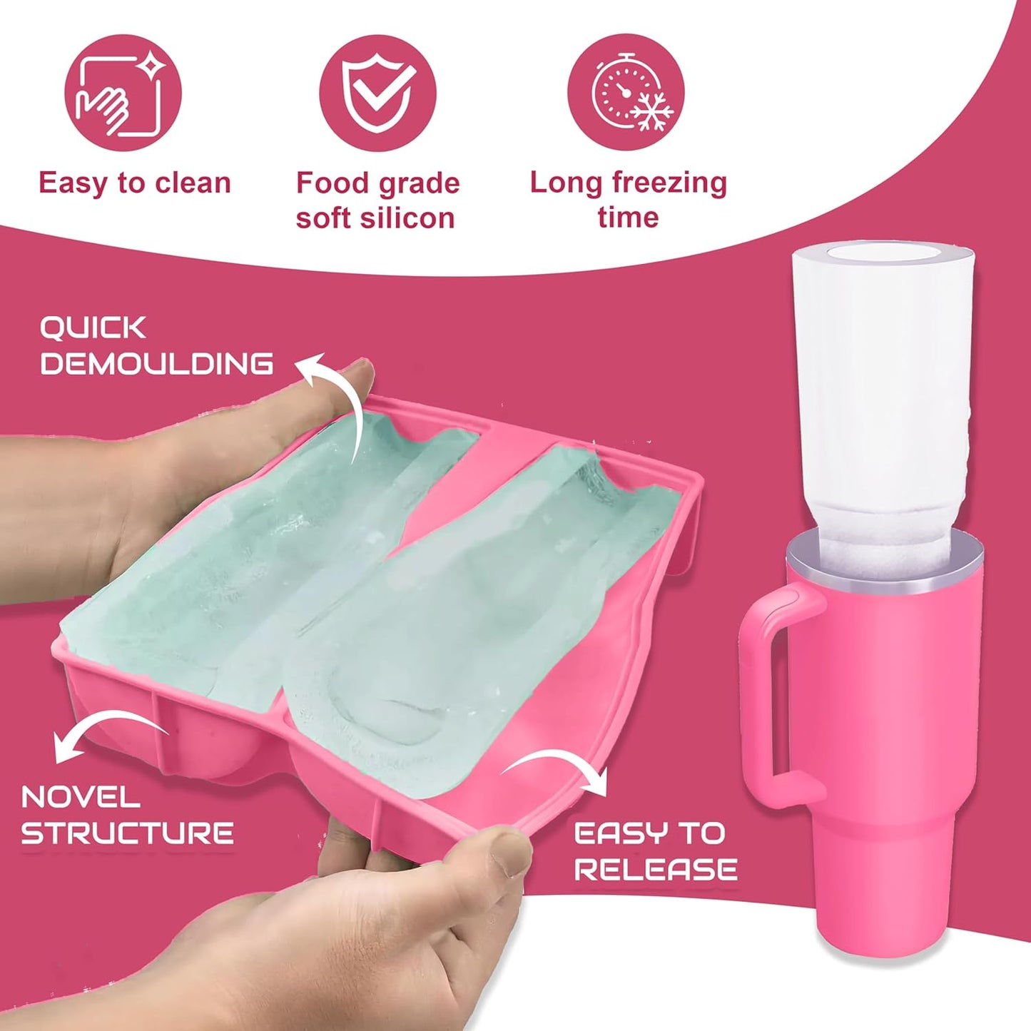 Ice Cube Tray for Tumbler, 1 Pcs Silicone Hollow Cylinder Ice Mold for Freezer, Ice Drink, Juice, Cocktail, Compatible with 40Oz Tumbler (PINK)