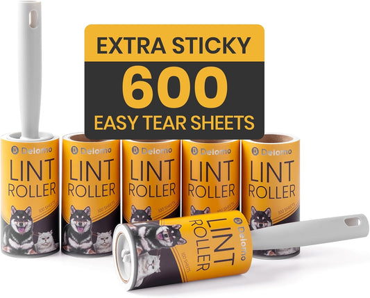DELOMO Lint Roller 600 Sheets (2 Rollers + 4 Refills) - Lint Rollers for Pet Hair Extra Sticky, Mega Value Pet Hair Removal Tool for Clothes/Couch/Furniture/Car - Keep Your Home Tidy