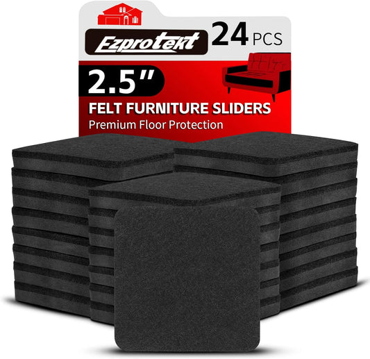 Ezprotekt 2.5" Felt Furniture Movers Sliders for Hardwood Floors, 24 Pcs Reusable Square Felt Furniture Moving Pads for Sofa Table Bed Desk Couch Cabinet, Furniture Glides Easily and Quickly (Black)