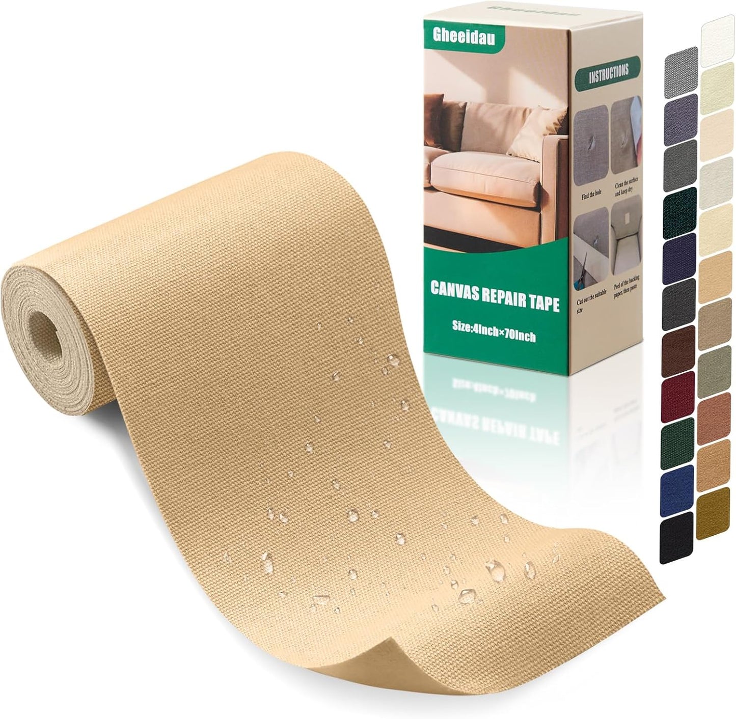 Canvas Repair Tape 4×70 Inch Waterproof Self-Adhesive Fabric Repair Patch for Repairing Boat Covers,Tents,Patio Umbrellas,Car Seats,Luggage,Sofas.(Beige Yellow)