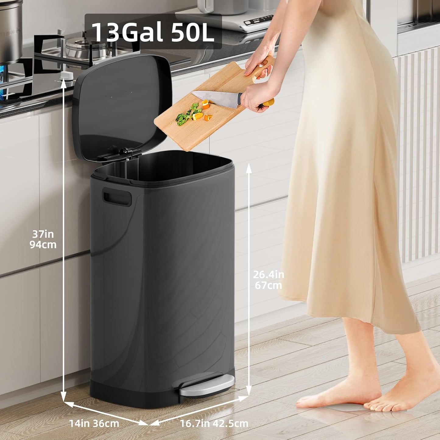 KUK 13 Gallon Kitchen Trash Can with Lid, 50L/13Gal Office Step Garbage Can for Home, Kitchen, Laundry Room, Office, Brushed Stainless Steel, Titanium Black
