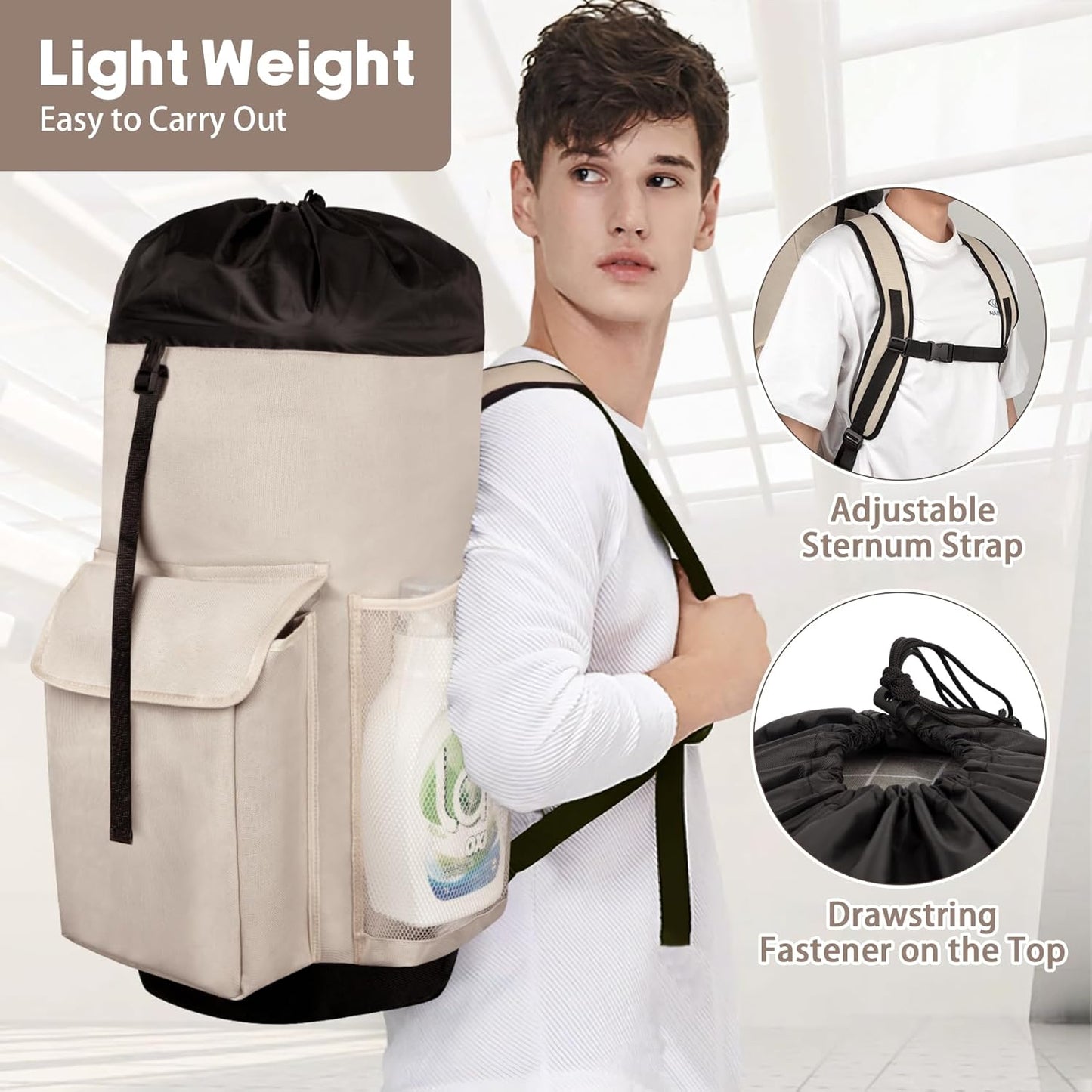 Laundry Backpack Bag, 132L Extra Large Heavy Duty Laundry Backpack for College Dorm Essentials, Laundry Hamper Travel Bag with Shoulder Straps and Mesh Wash Bags for Laundromat, Apartment Khaki
