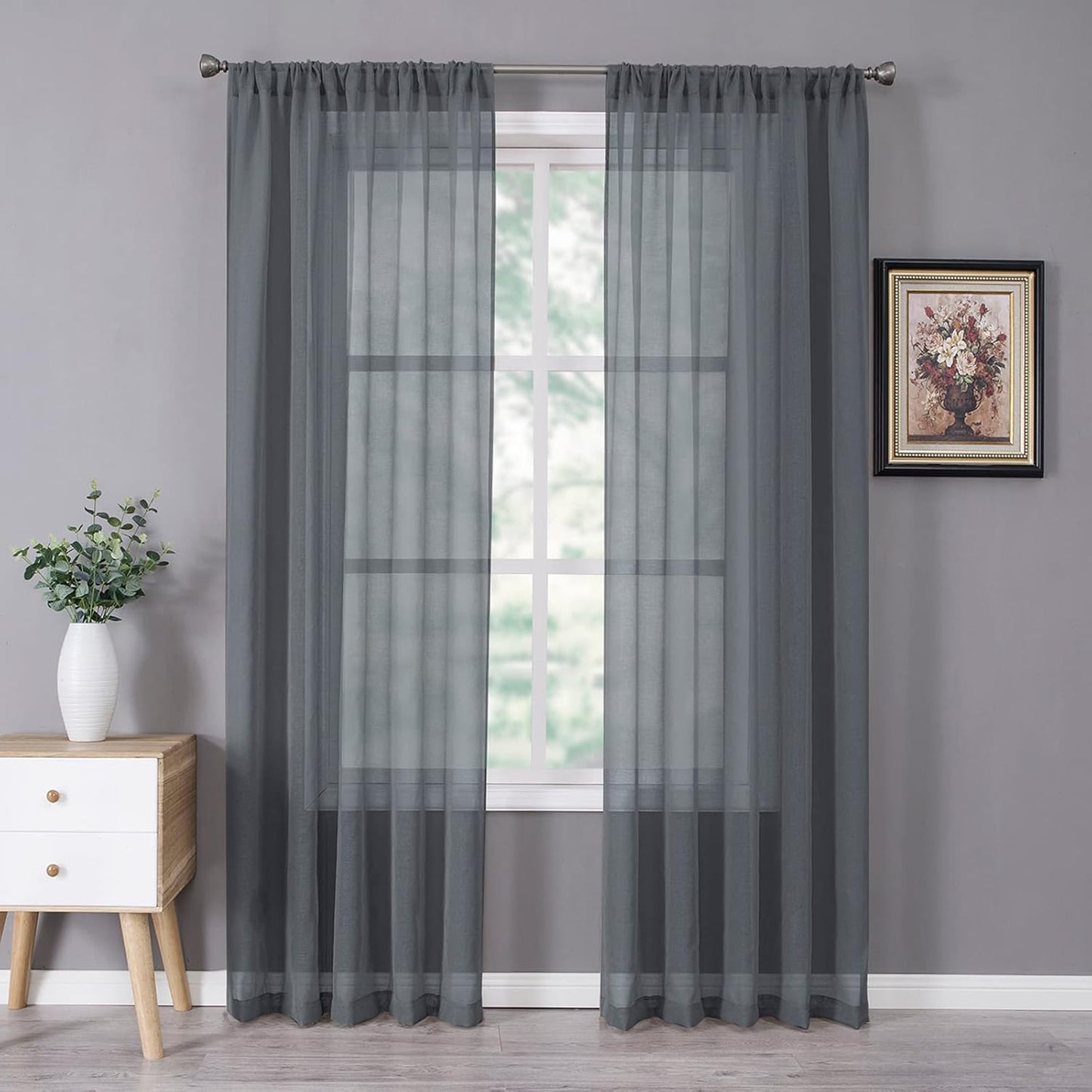 Tollpiz Sheer Curtain Linen Textured Bedroom Curtains Sheer Light Filtering Rod Pocket Voile Curtain for Living Room, 54 x 95 inches Long, Dark Grey, Set of 2 Panels