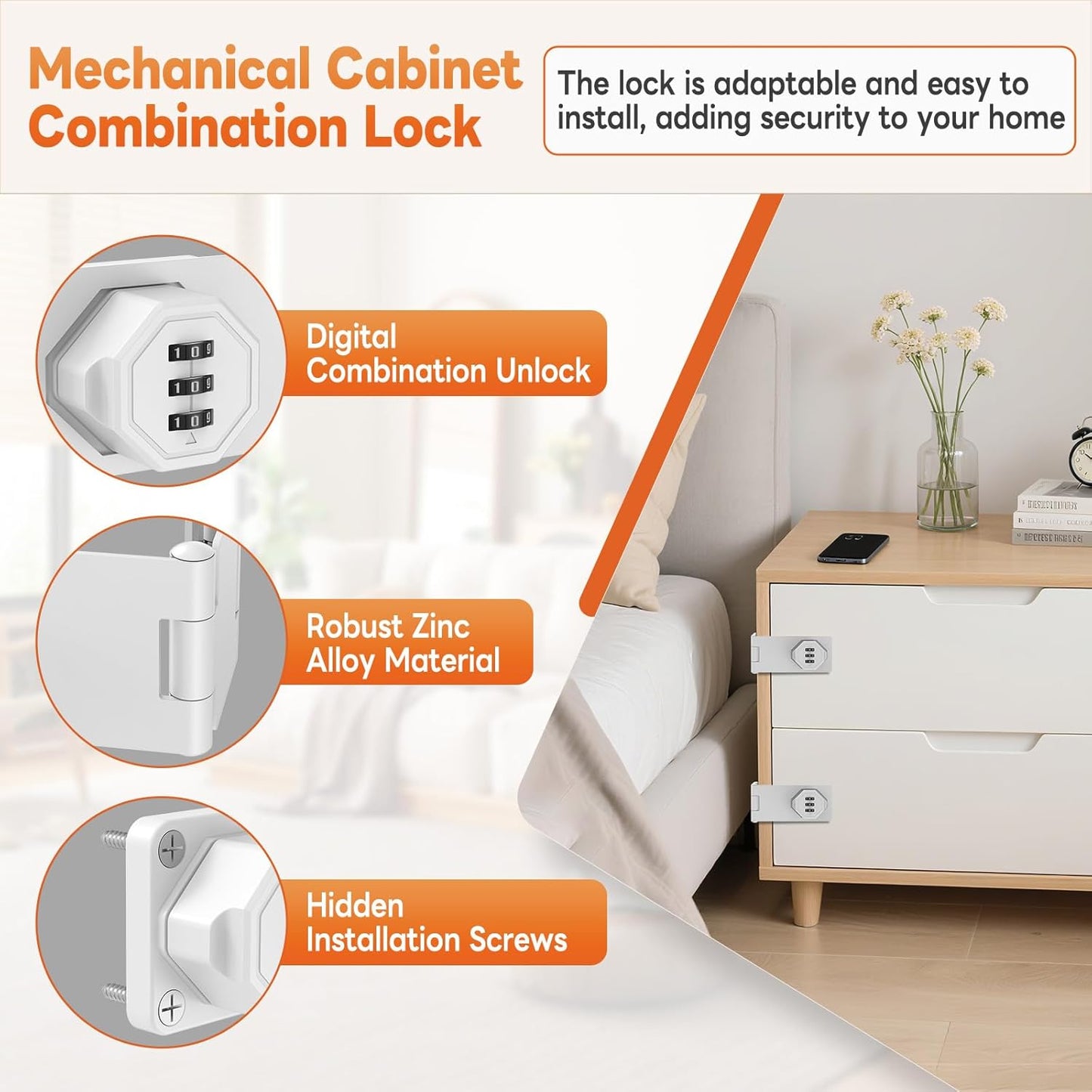 90 Degree 3-Digit Combination Cabinet Lock, Zinc Alloy Keyless Folding Hasp Lock Latch, Password Security Rotary Door Latch for Office File Cabinet, Drawer, Locker, Cupboard (1, White)