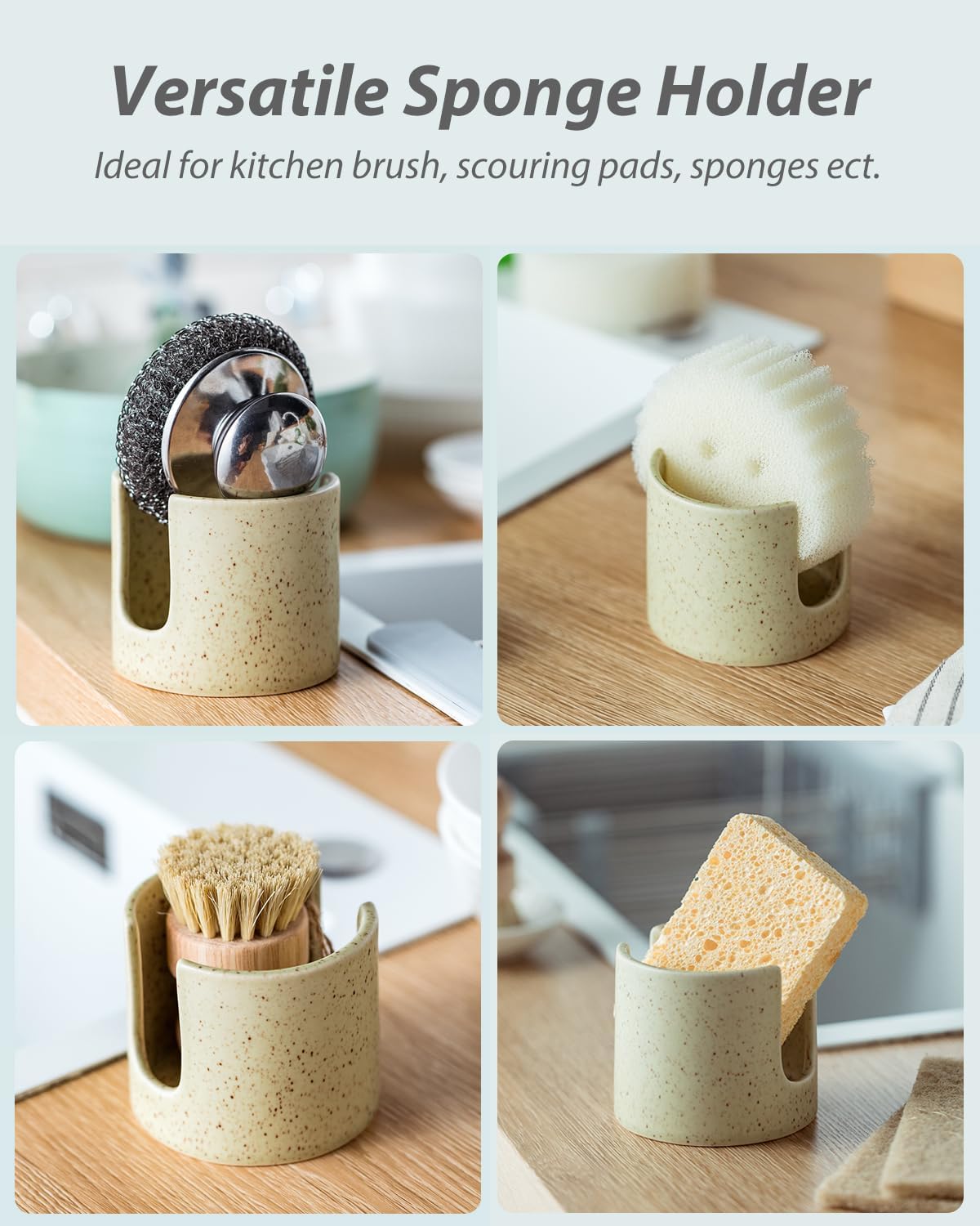 Sponge Holder for Kitchen Sink, Ceramic Dish Sponge Holder Sink Caddy Compact Scrubby Daddy Kitchen Organizer Dish Rcak for Sponges, Scrubbers, Yellow