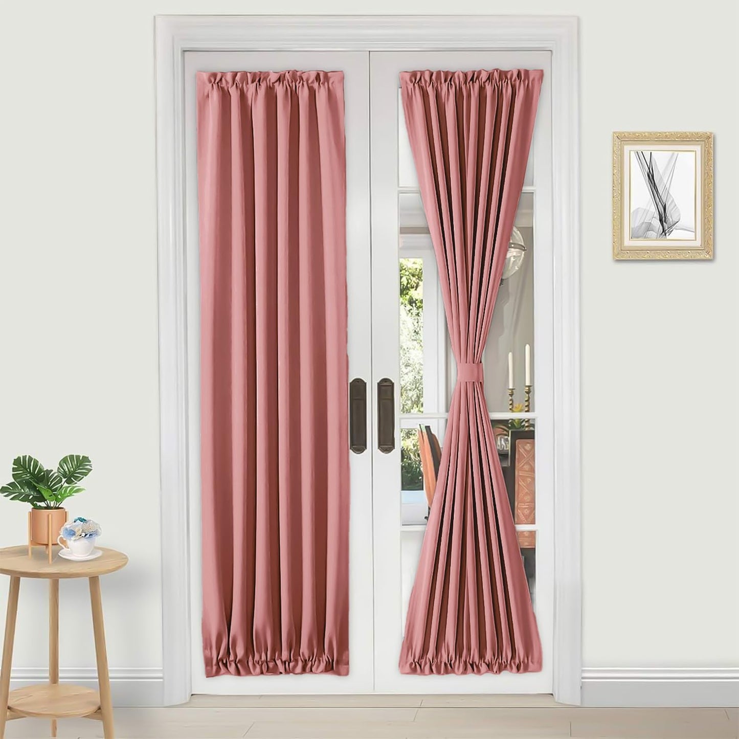 DWCN French Door Curtains – Rod Pocket Thermal Blackout Curtain for Window/Patio Doors/Doorways/Classroom/Kitchen for Privacy, 25W by 72L Inches, 1 Panel with Tieback, Dry Rose