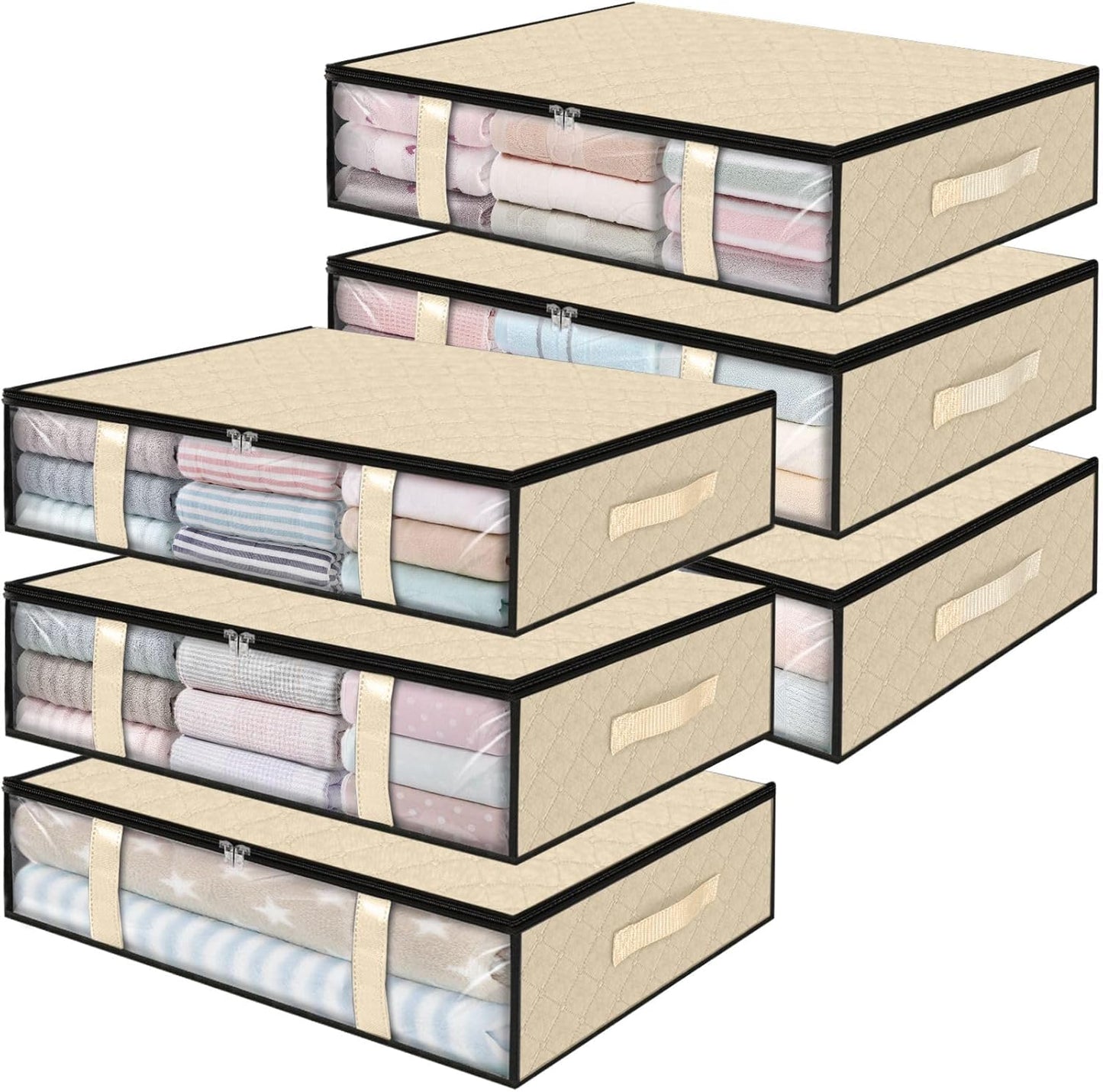 StorageRight Under Bed Storage Bins, 6-Pack 40L Foldable Fabric Storage Bags with Transparent Window, Breathable Organizer for Clothes/Blanket/Comforter/Quilts,Beige