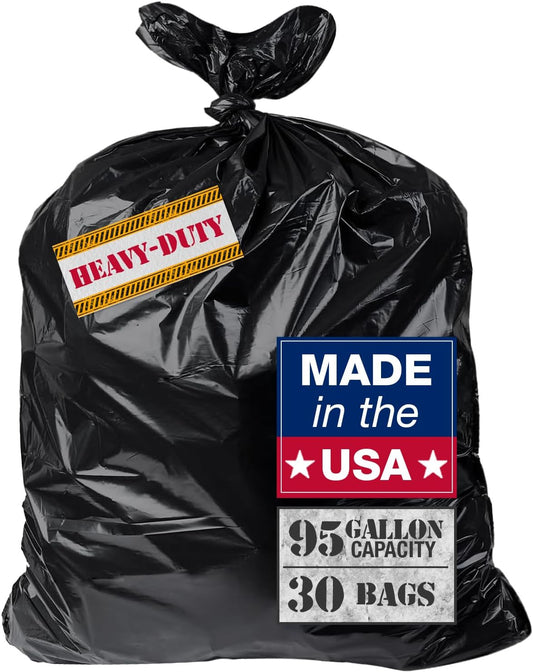 95–96 Gallon Heavy Duty Trash Bags – 30 Count Large Black Garbage Bags for Outdoor Bins, Contractor, Lawn, and Commercial Use – 2.5 Mil Thick Can Liners, 61" x 68"