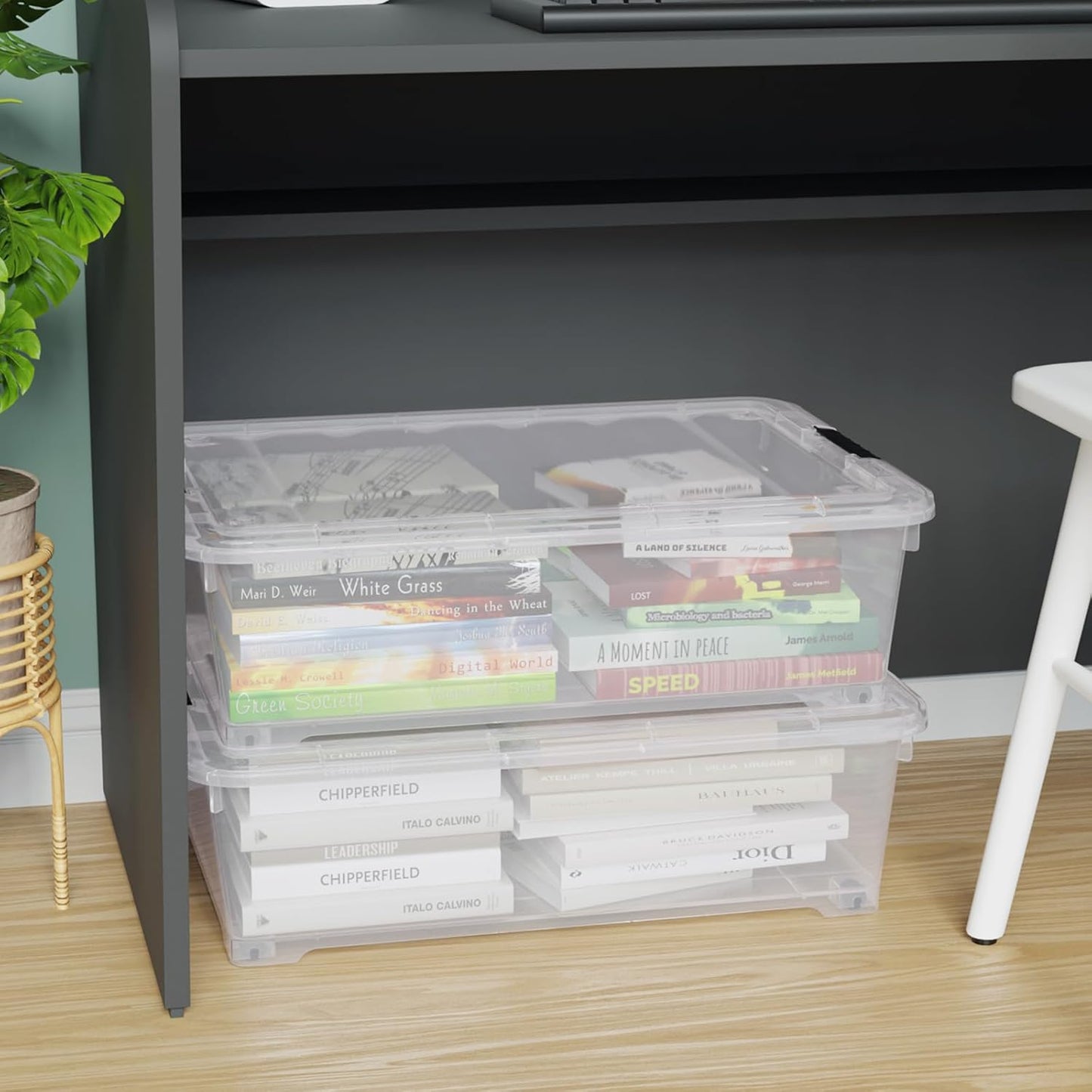 25 Quart Under Bed Clear Latch Bin with Wheel, Plastic Under Bed Storage Box, 4 Pack