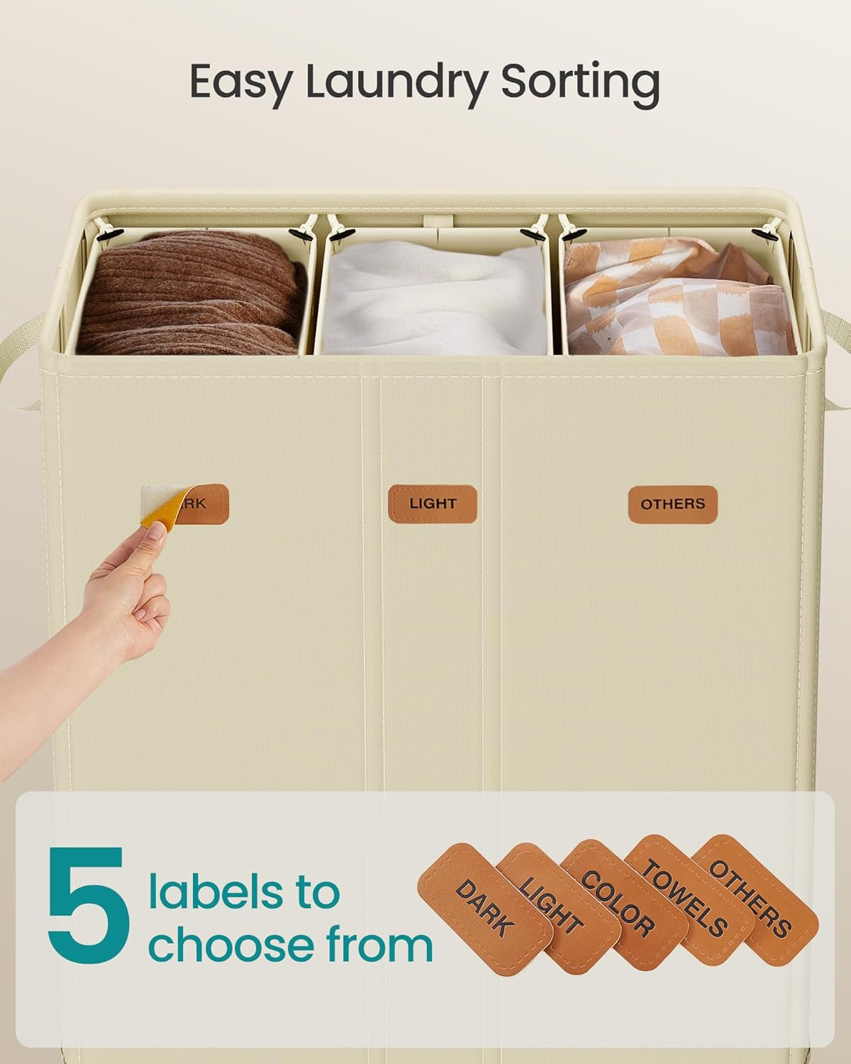 SONGMICS 42.2 Gallon (160 L) Laundry Hamper, 3-Compartment Laundry Basket Sorter with Lid, Labels, Removable Liner Bags, for Bedroom, Cream White URLH013W01