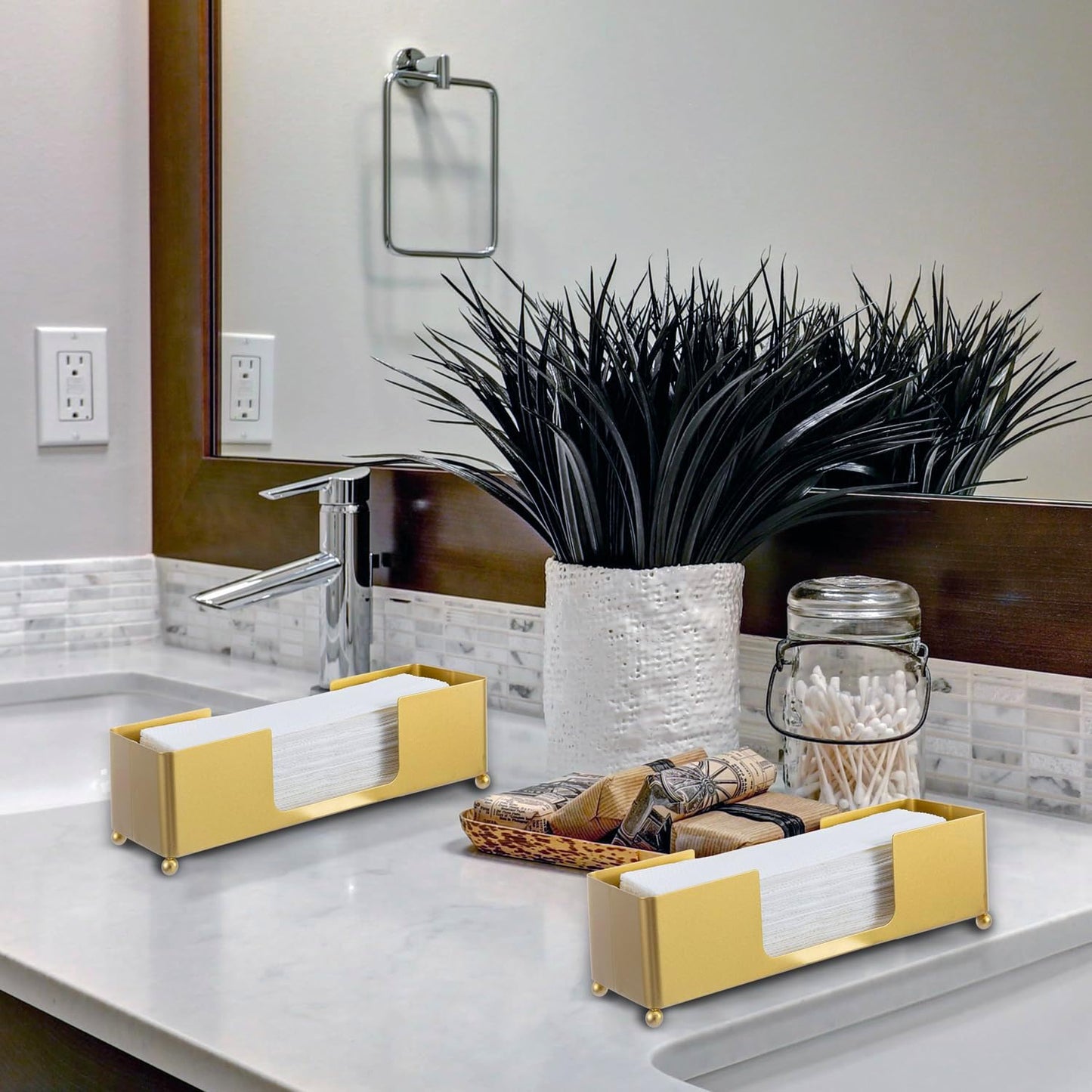 MyGift Modern Brass Tone Metal Tabletop Folded Hand Towel Holder, Commercial Countertop Tissue Dispenser Tray for Trifold, C-Fold and Z-Fold Towels, Set of 2