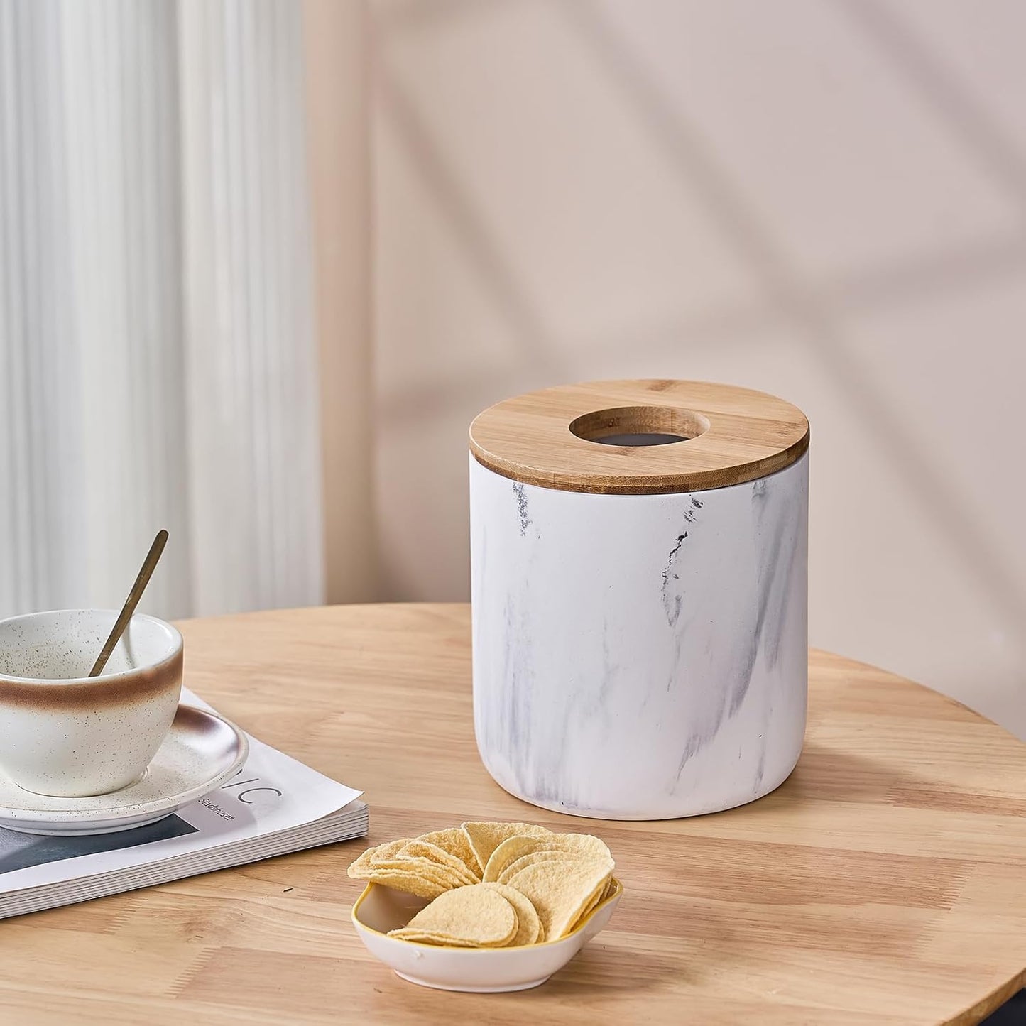 Polytree Marble White Mini Trash Can with Bamboo Lid,Small Countertop Trash Can,Desk Trash Can,Table top Mini Garbage Cans,Resin Tiny Waste Basket