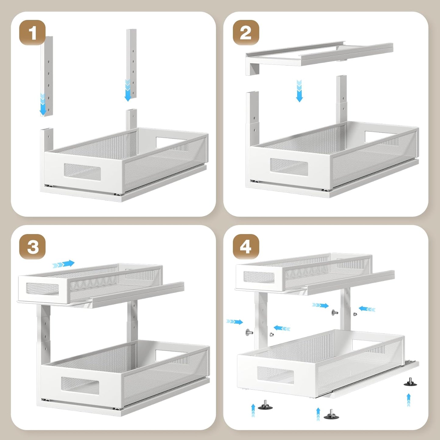 2 Pack 18.5IN-Depth Under Sink Organizer With Next-Gen Ball-Bearing Slides,2-Tier Pull Out Cabinet Storage,Height Adjustable Drawer Shelf for Bathroom,Kitchen,Laundry,Cabinet,Pantry-White