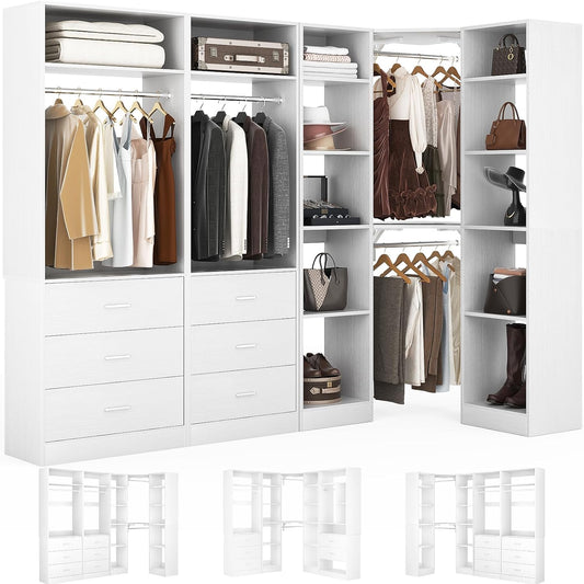 Corner Closet System with 6 Drawers, Closet Organizer System with 14 Shelves & 4 Hanging Rods, 87.2"L * 39.2"W / 63.2"L * 63.2"W Reversible L Shaped Walk-in Closets, Load 2500+LBS, White