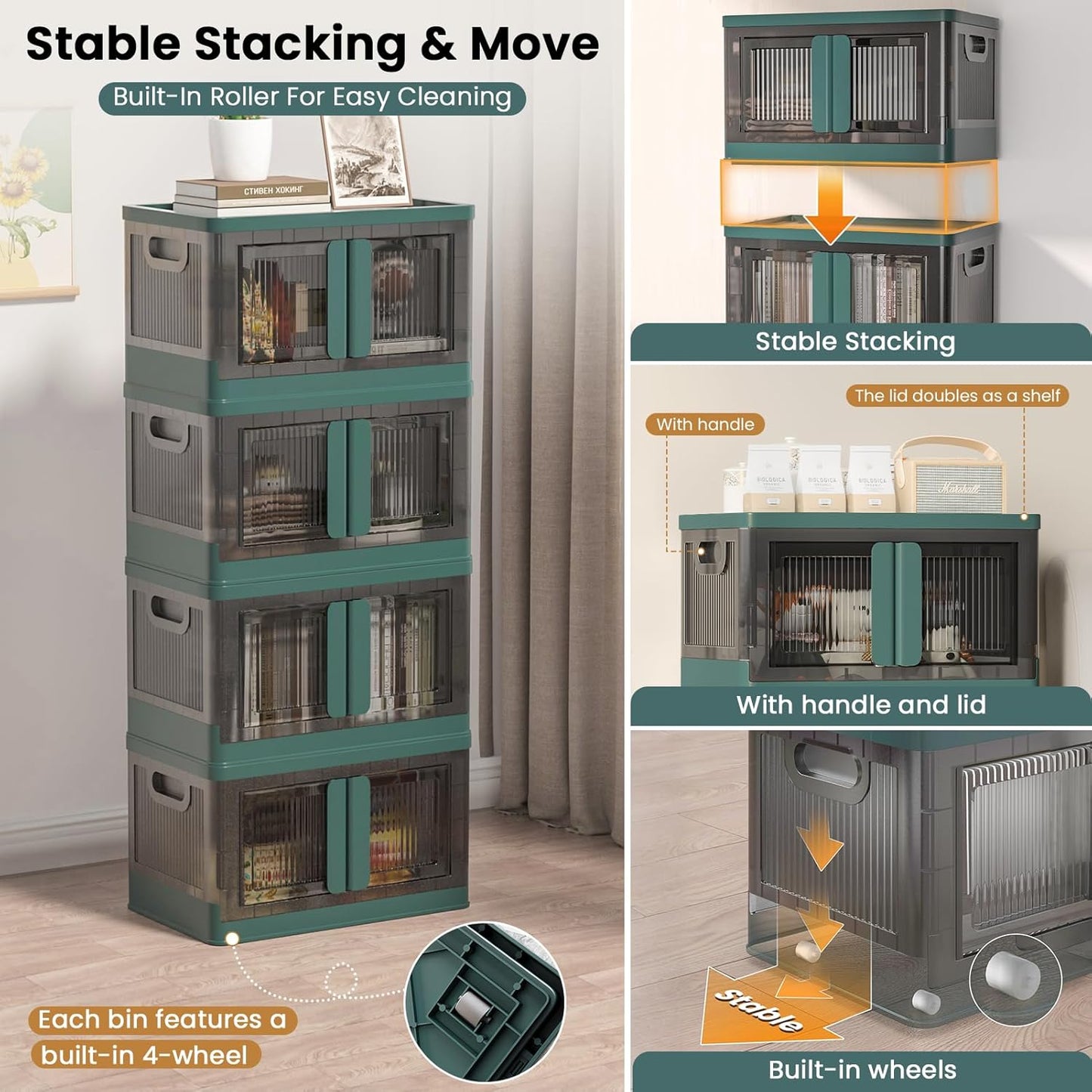 8.4Gal Collapsible Storage Bins with Lids & Wheels - 4 Pack Stackable with Doors, Heavy-Duty Plastic Containers for Home/Office, Green