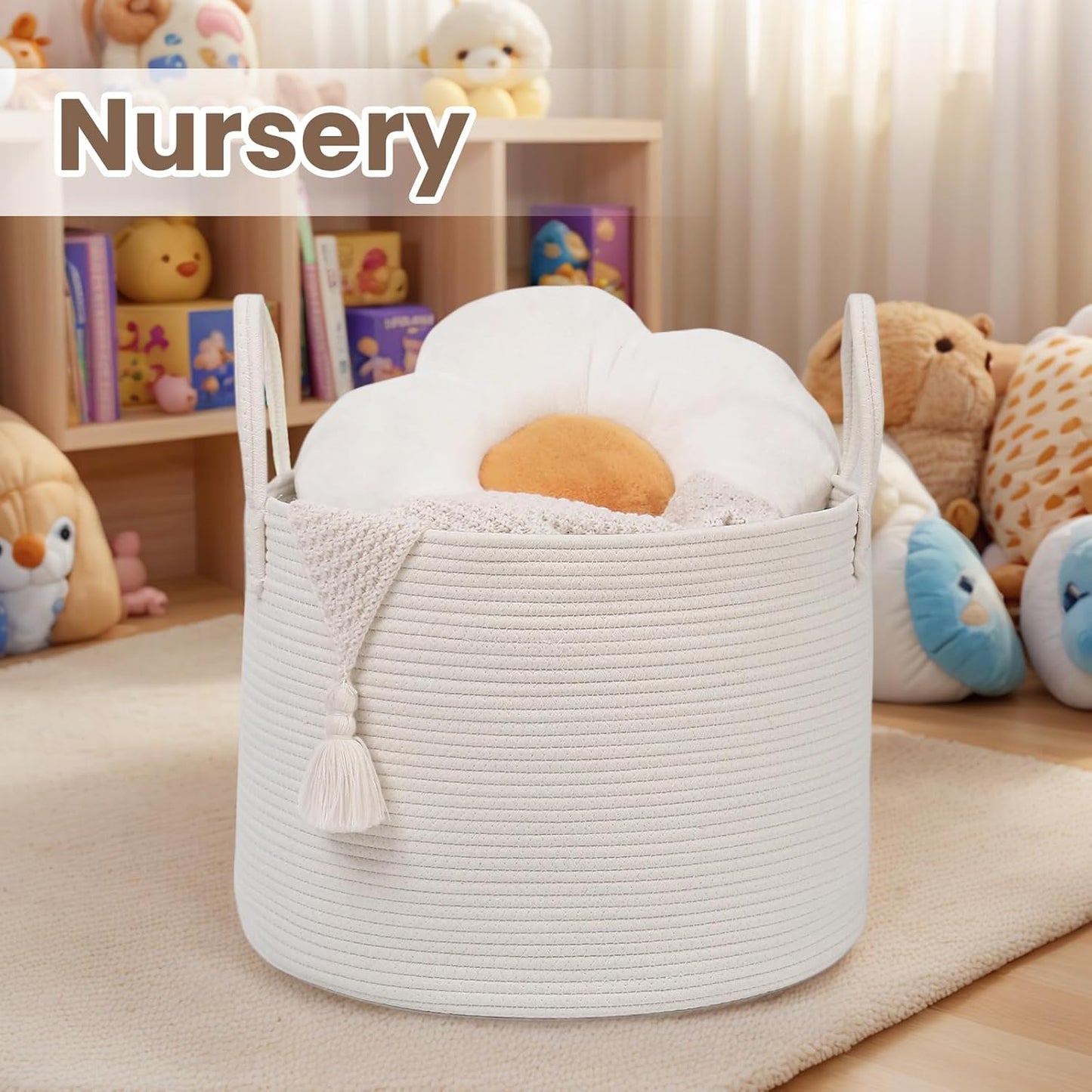 Woven Blanket Basket,115L Large Rope Storage Bin with Handles, Organizer for Blankets Toys Book and Clothes, Laundry Basket for Living Room Bedroom Nursery,White