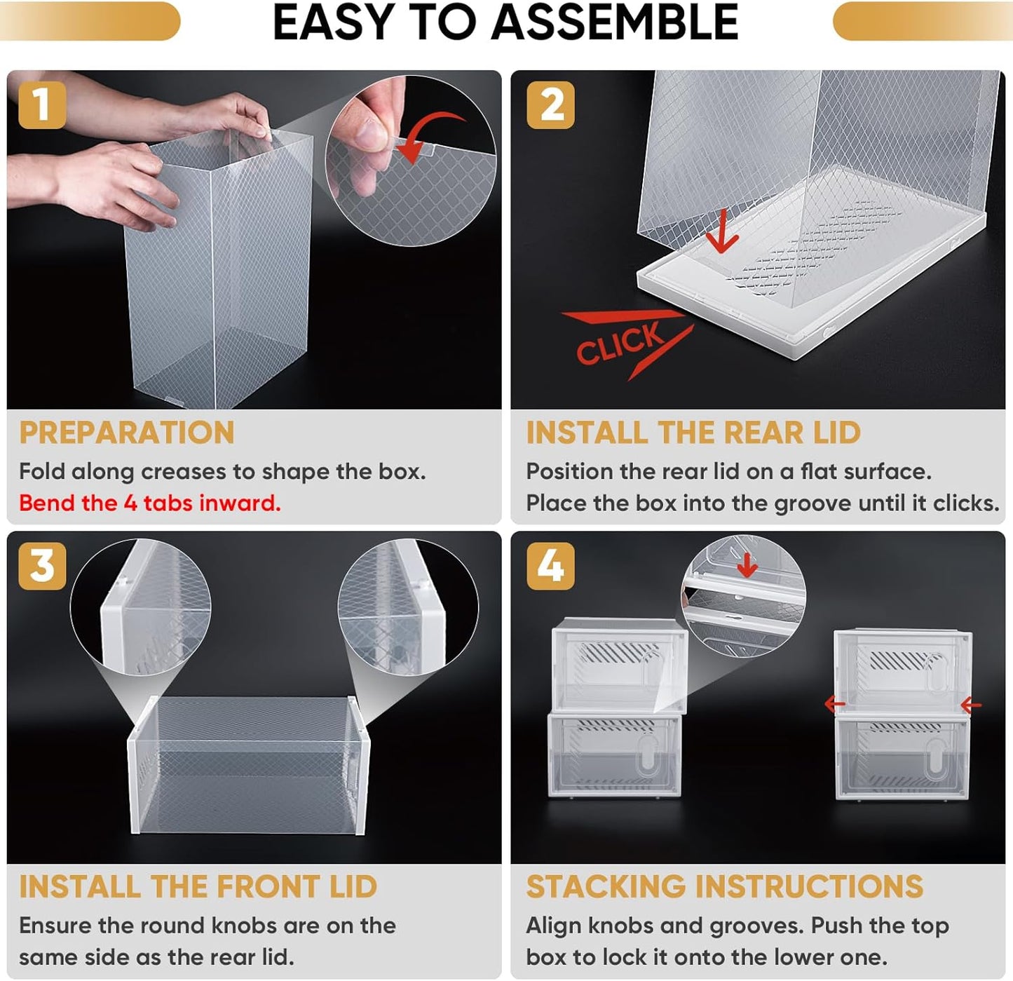 BALEINE 12 Pack Stackable Shoe Storage Boxes Fit Size 11, Thickened Clear Shoe Box Bins with Lids, Plastic Foldable Organizer Sneaker Storage Containers (X-Large, White)