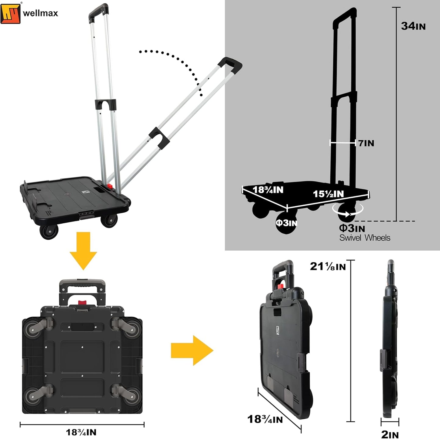 Wellmax WM99800BK Rolling Crate Cart with Wheels, Foldable Utility Cart for Teachers, Shopping, Office | Silent Wheels, Aluminum Handle, 132 lbs Capacity – Black