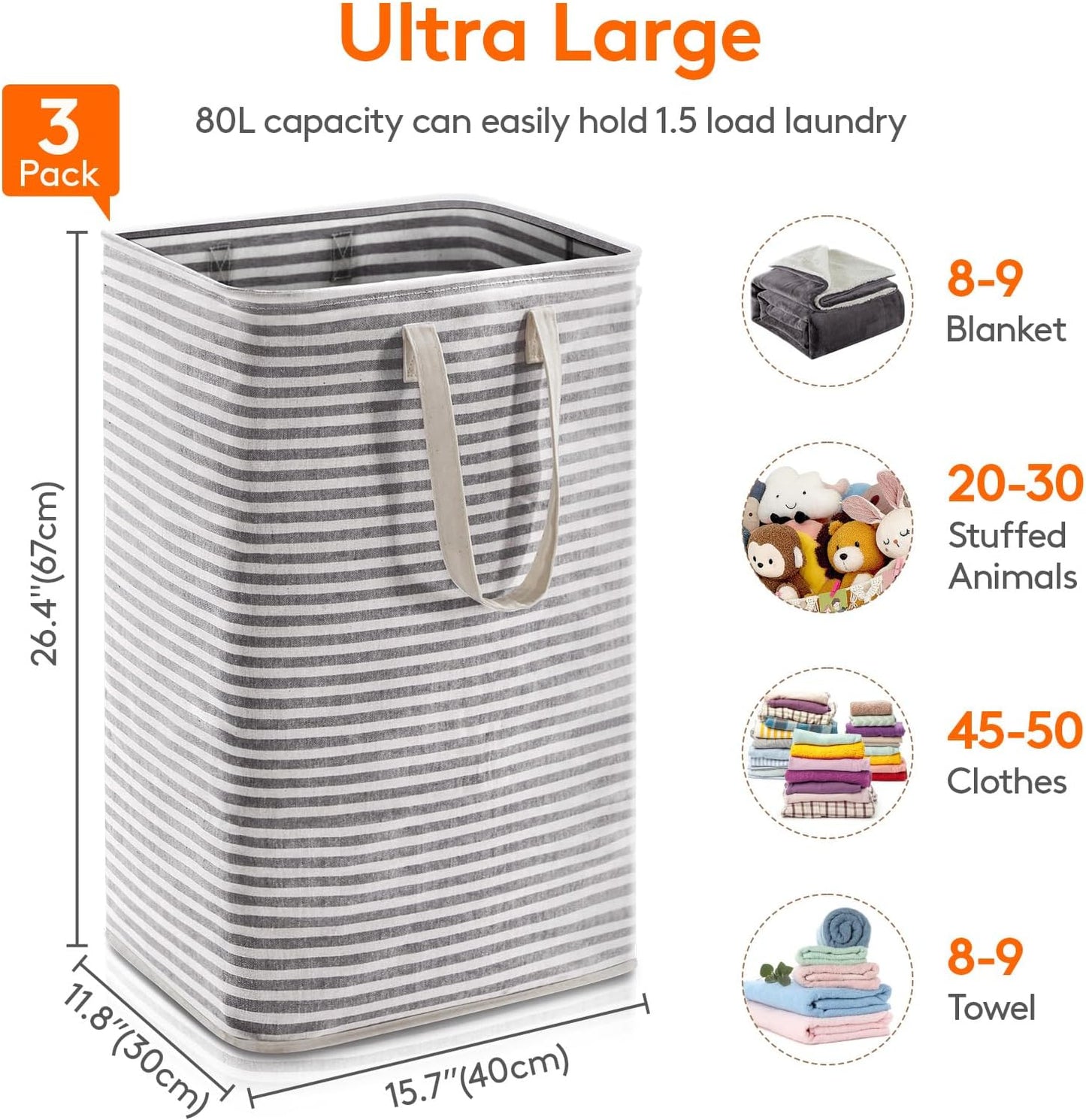 Lifewit 3 Pack Laundry Hamper Large Collapsible Laundry Baskets, Freestanding Waterproof Clothes Hamper with Easy Carry Handles in Laundry Room Bedroom Bathroom College Dorm for Adults, Black, 3 x 80L