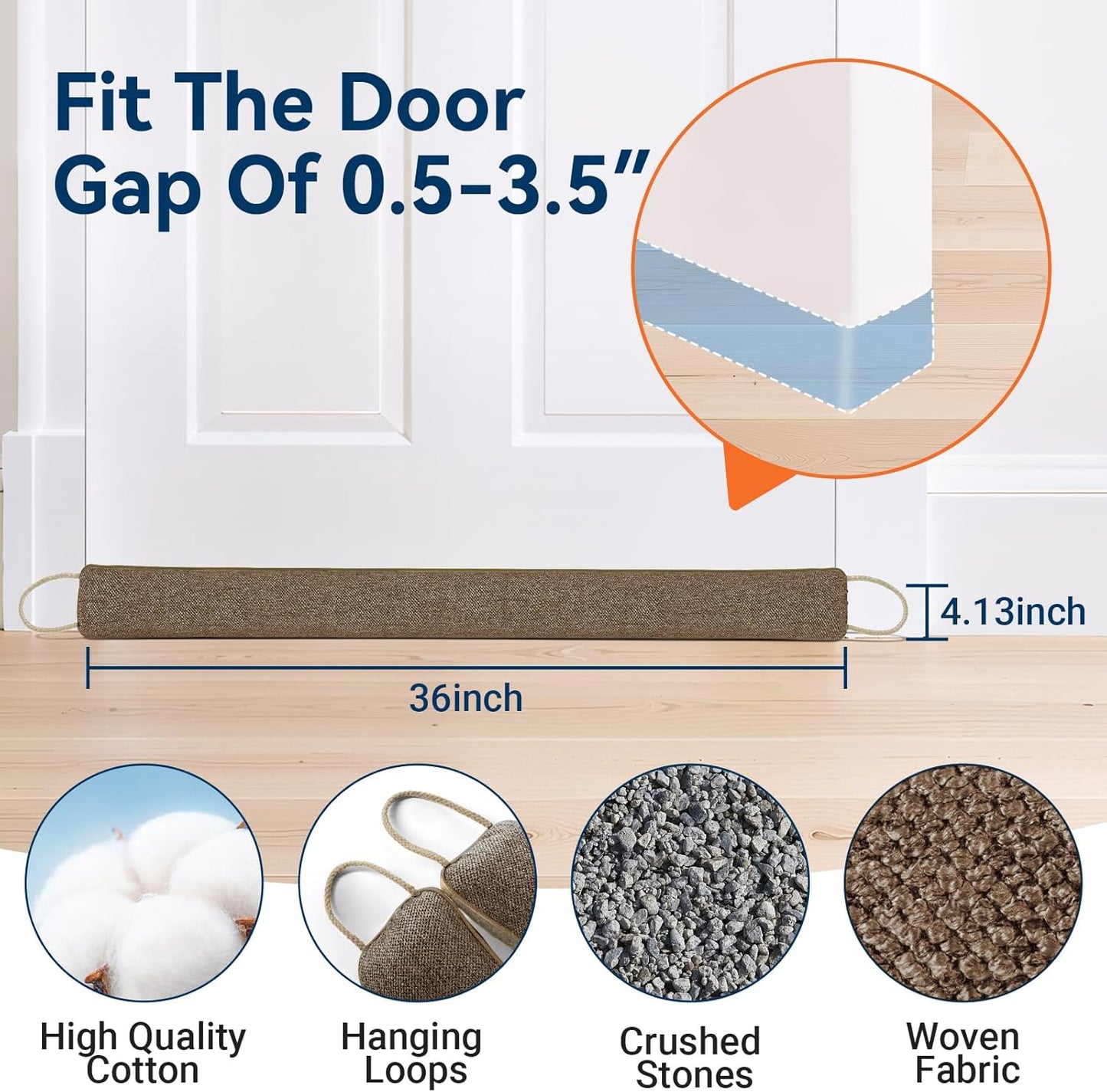 Door Draft Stopper for Bottom of Door, 36’’ Heavy Duty Under Door Draft Blocker Gap Filler, Door Seal for Noise Light Cold Air, with Adhesive Strips, Brown