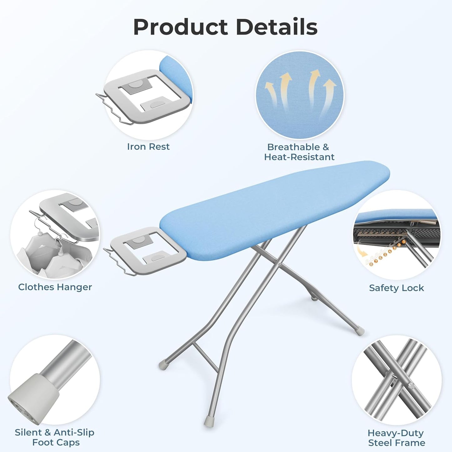 Yaheetech Foldable Ironing Board, Heavy Duty Iron Board with 9 Adjustable Heights, 4 Layer Cover and Safety Iron Rest, 52X14 Compact and Space Save Iron Board for Home Laundry Room Use, Blue