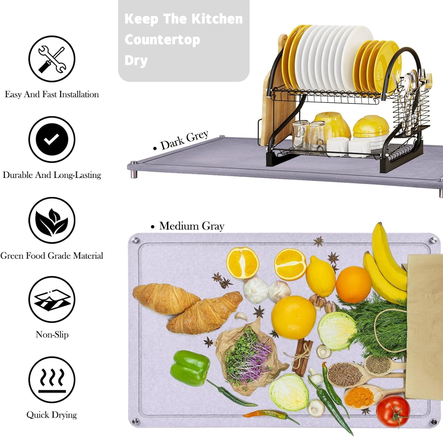 Large Diatomaceous Earth Stone Dish Drying Mats for Kitchen Counter,24"×16",Quick Drying,with 4 Non-Slip Stainless Steel Feet, Suitable for Various Countertops, Bowl Racks, Medium Gray