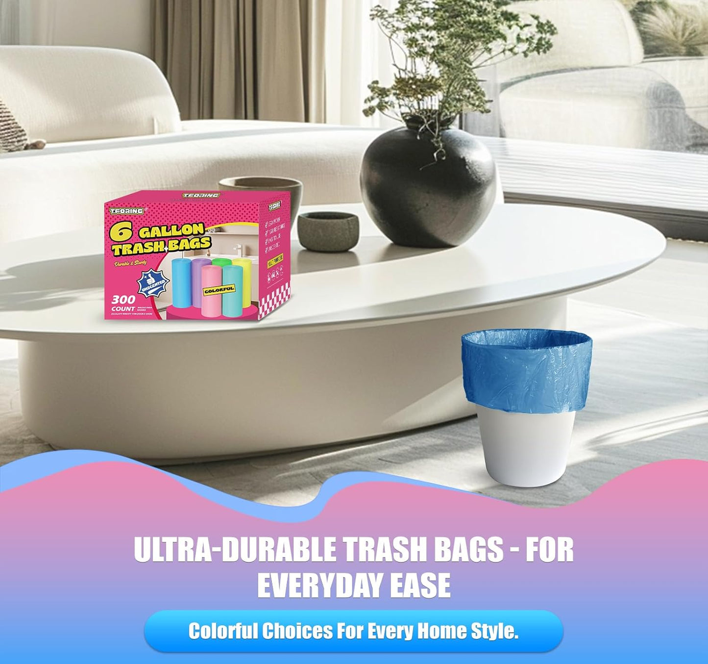 300 Count 6 Gallon Trash Bags - 22 Liter Colored Medium Garbage Bags Unscented 0.94 Mil Thick & Leakproof Wastebasket Liners for Kitchen Bathroom Home