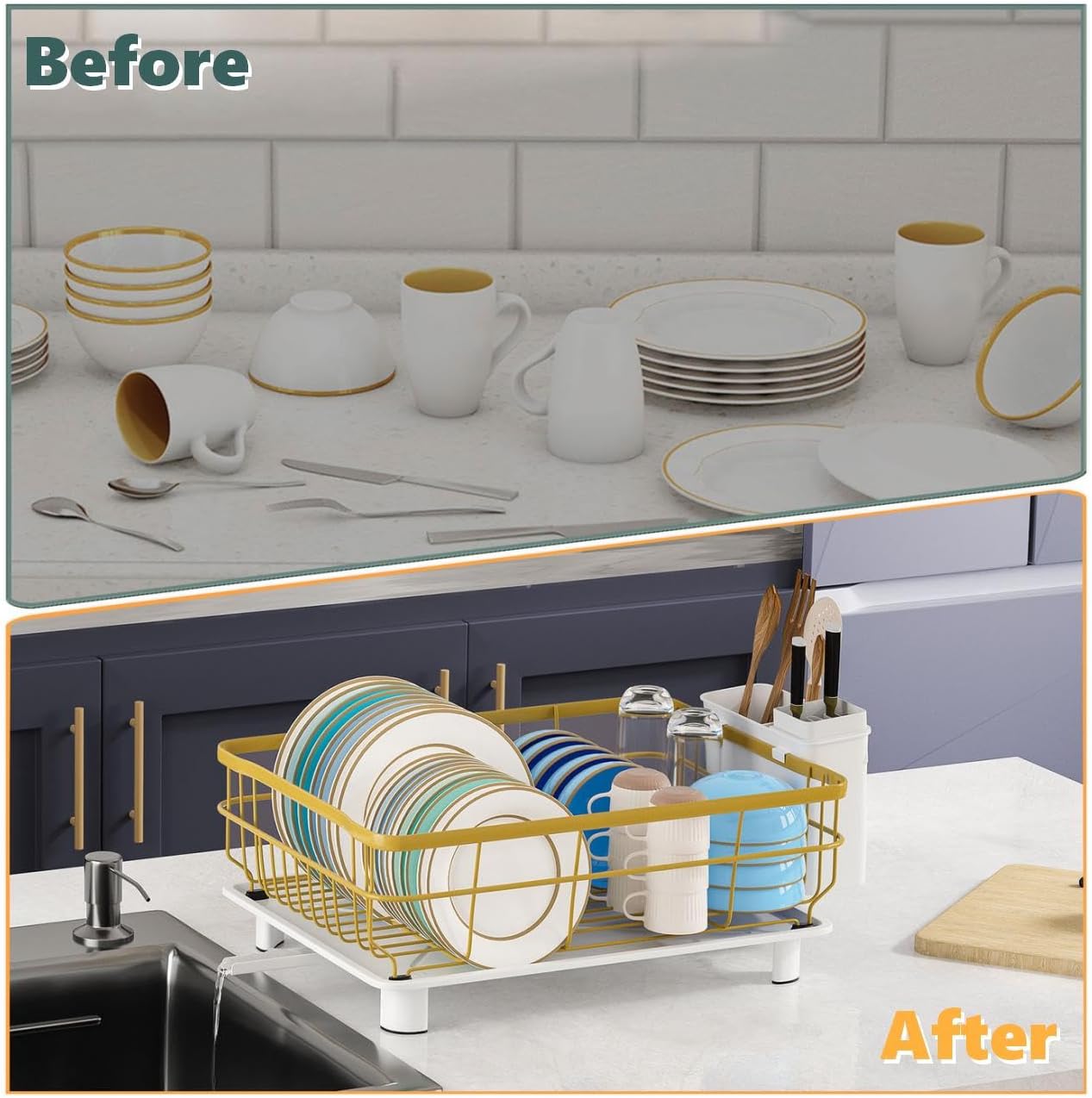 Iron Dish Drying Rack with Drainboard Dish Drainers for Kitchen Counter Extendable Spout Strainers with Utensil Holder and Knife Slots, Gold