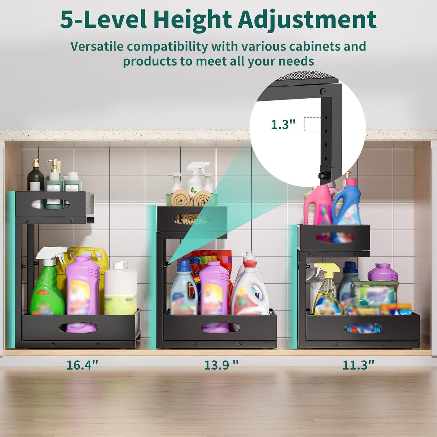 Under Sink Organizer, Extra-Wide Upgrade, 1-Pack of 2-Tier Metal Slide Out Cabinet Organizer, Height Adjustable Organization and Storage Series, Bathroom/Cabinet/Kitchen organization, Black