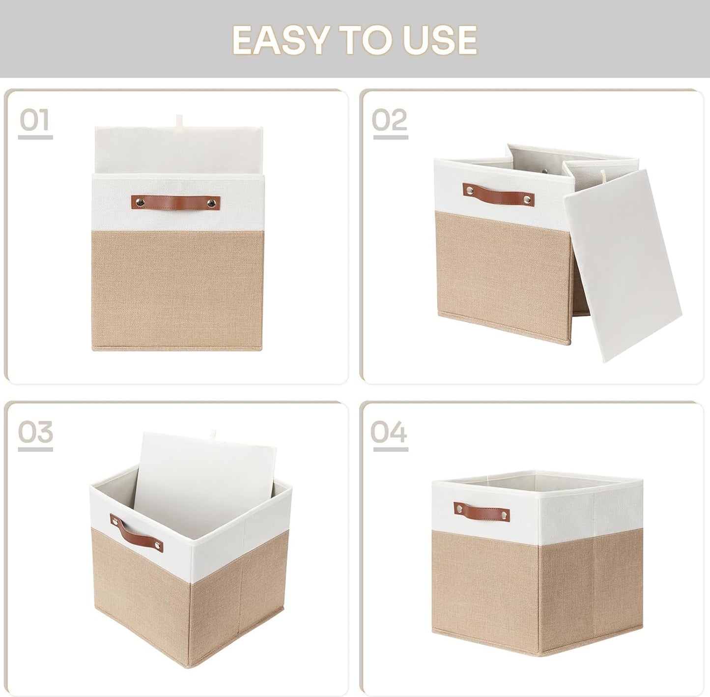 HNZIGE Fabric Storage Cubes, Cube Storage Bins 12 x 12, Set of 4, Decorative Storage Baskets for Shelves with Handles,Foldable Bins for Cube Shelf Organizer Home Toy Nursery Closet(Beige White)