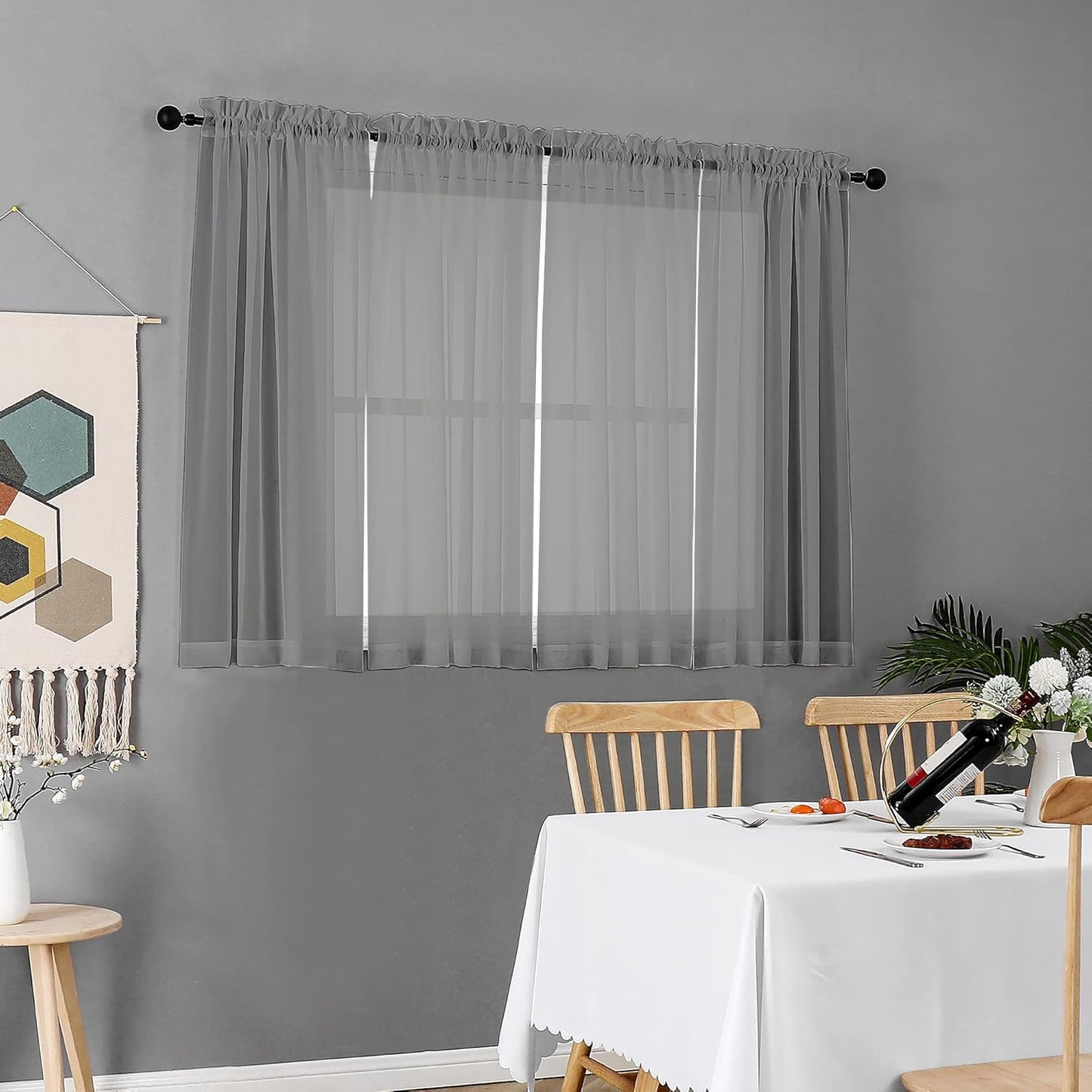 Chyhomenyc Charcoal Grey Sheer Curtains 45 Inch Long 2 Panels, Light Filtering Elegant Lightweight Soft Rod Pockets Drapes for Small Window Bathroom Living Room Bedroom, 42W x 45L inches