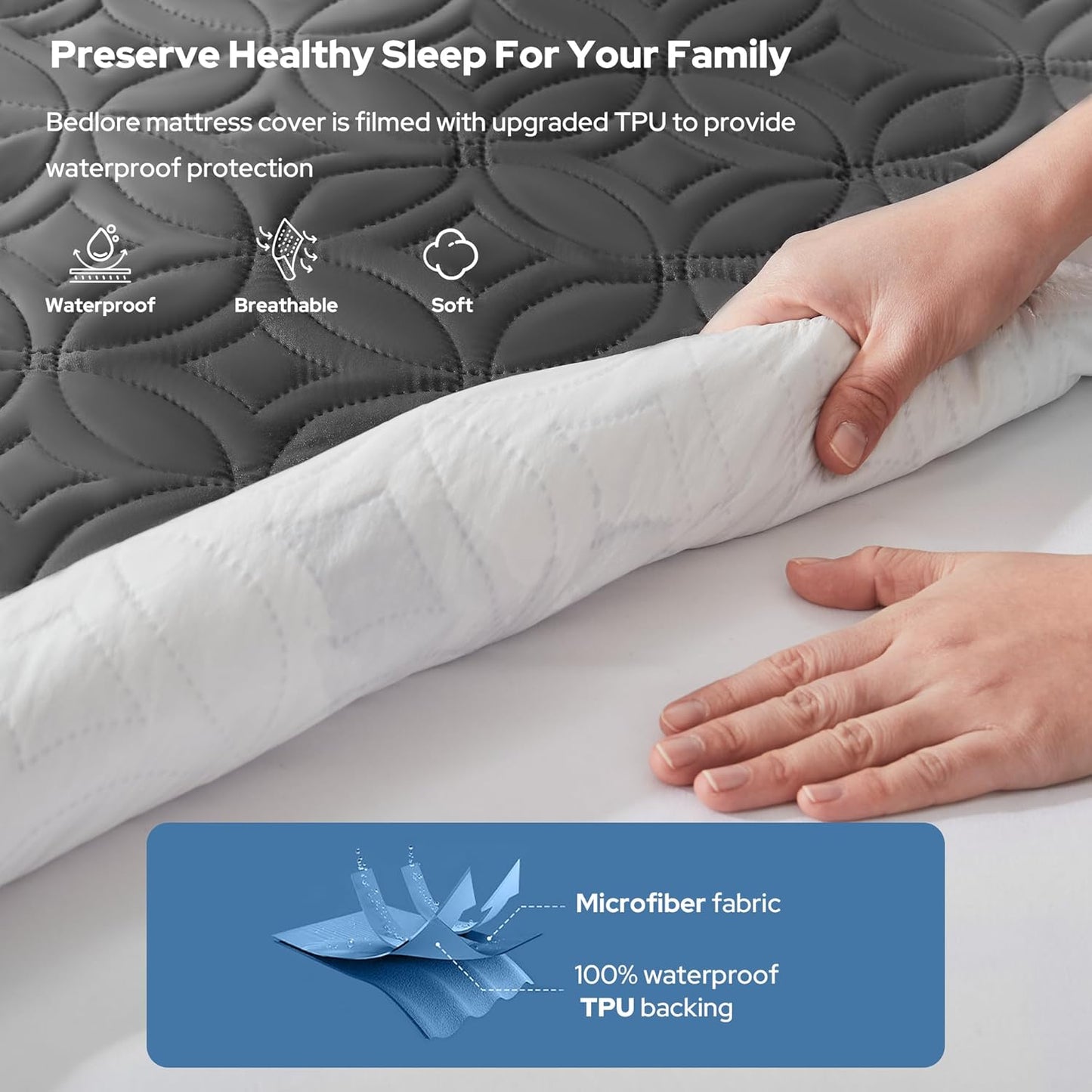 BEDLORE Waterproof Mattress Protector, King Size Mattress Pad with Deep Pocket 6"-18" Depth, Soft Noiseless Dirt-Proof Bed Mattress Cover Washable for Home, Bedroom, Hotel (Gray)