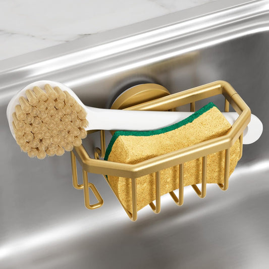TAILI Sponge Holder for Kitchen Sink with Strong Suction Cup, Rustproof Aluminum Sink Caddy for Sponges, Brushes, Stoppers & Scrapers, Gold