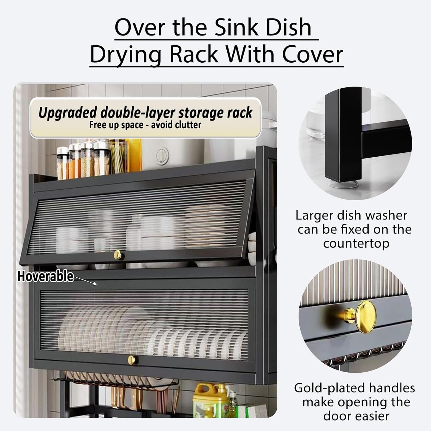 Dish Drying Rack 4 Tiers with Cover, Keep Kitchen Sink Shlef Organized Space-Saving, Large Drying Rack for Dishes, Glasses, Bowls, Cutlery black W-41.3in
