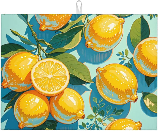 lemon Dish Drying Mat Highly Absorbent Double-Sided Microfiber with Hanging Loop Reversible Drain Dish Rack Mat Drain Mat Suitable for Kitchen Countertop Coffee Bar 18 x 24 Inch