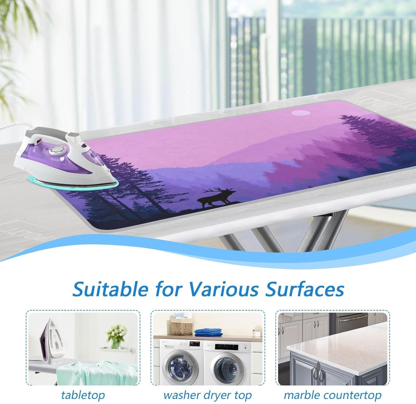 Ironing Mat Portable Ironing Pad Ironing Blanket for Table Top Heat Resistance Double-Side Using Travel Large 47.2 x 27.6 Inch Foldable Lightweight Purple Stag Mountains and Forest