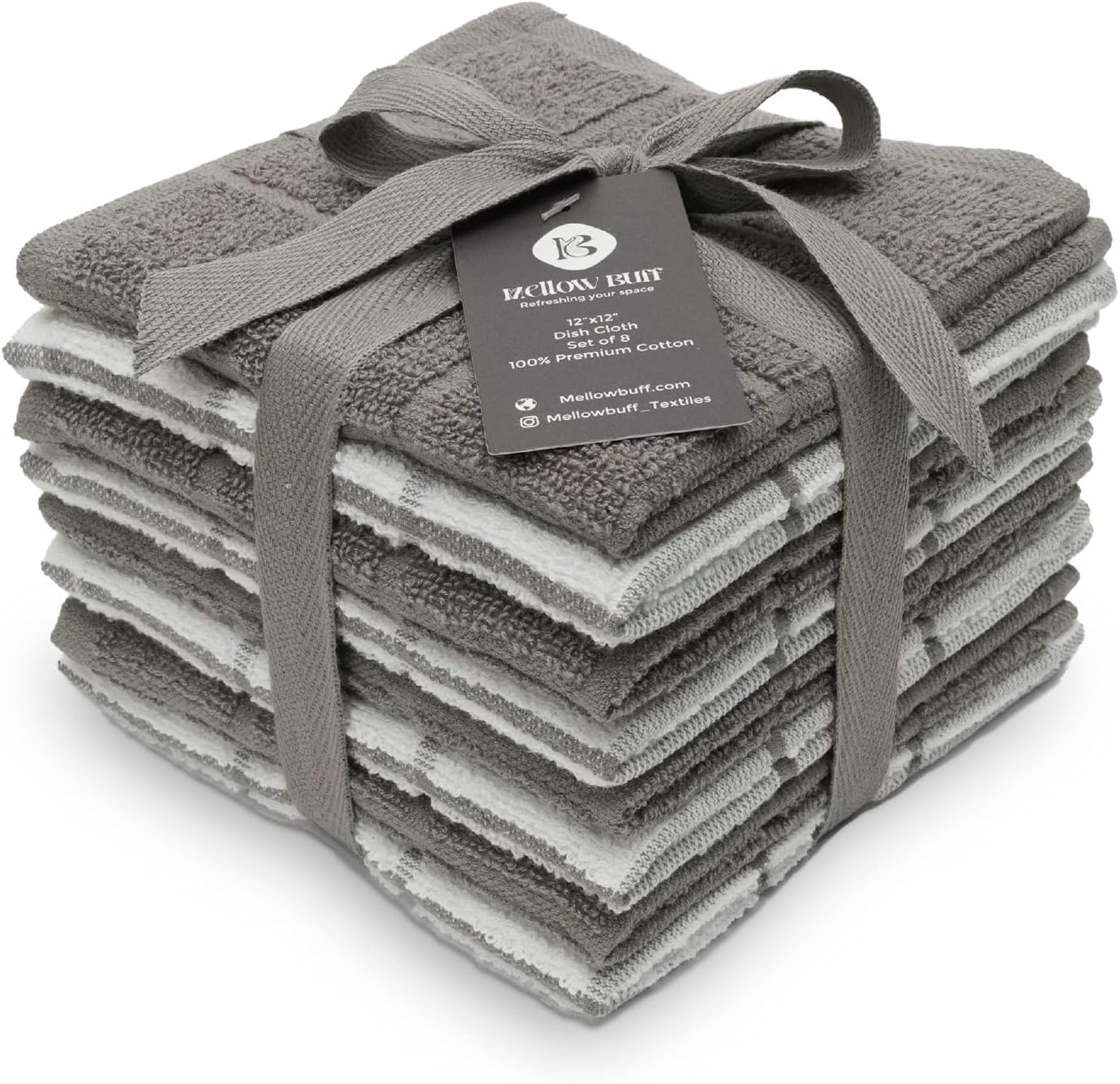 100% Cotton Terry Dish Cloth & Dish Towel, 6 Pack, Super Soft and Absorbent Kitchen Towels, Perfect for Kitchen Cleaning and Dish Washing (Grey (Solid and Checks) 8 Pack)