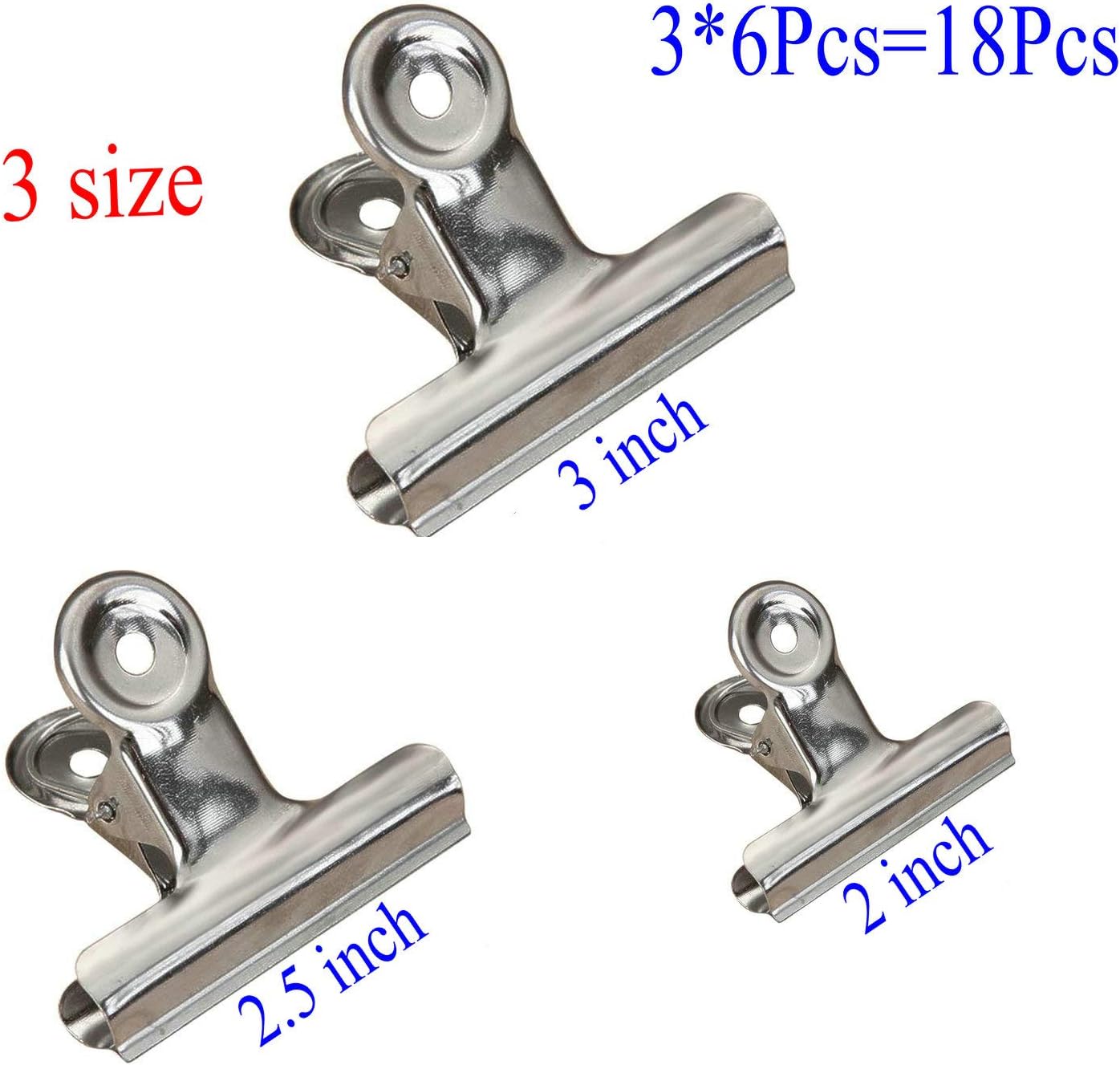 18 Pack Stainless Steel Chip Bag Clips Heavy Duty Food Bags Clamp Clips for Kitchen Office School, 3 Sizes(3In, 2.5In, 2In)