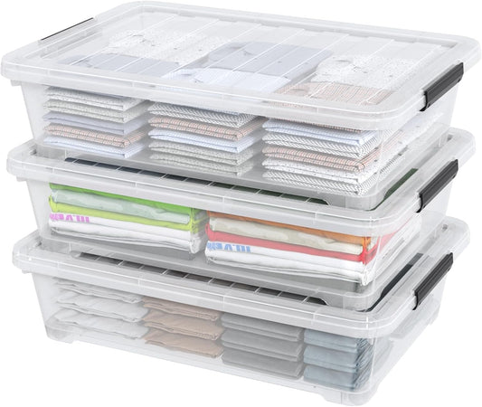 Rosebloom 40 Quart Plastic Under Bed Storage Bins with Lid, Clear Storage Containers Under Bed, 3 Packs