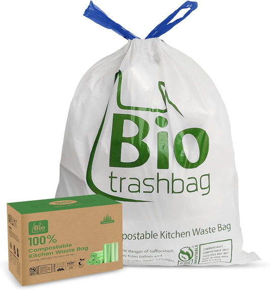 8 Gallon Compostable Trash Bags, 100 Count Drawstring Trash Bags Biodegradable, Heavy Duty Extra Thick Compost Bags, Kitchen Food Scrap Waste Bag, US BPI and OK Compost Home Certified