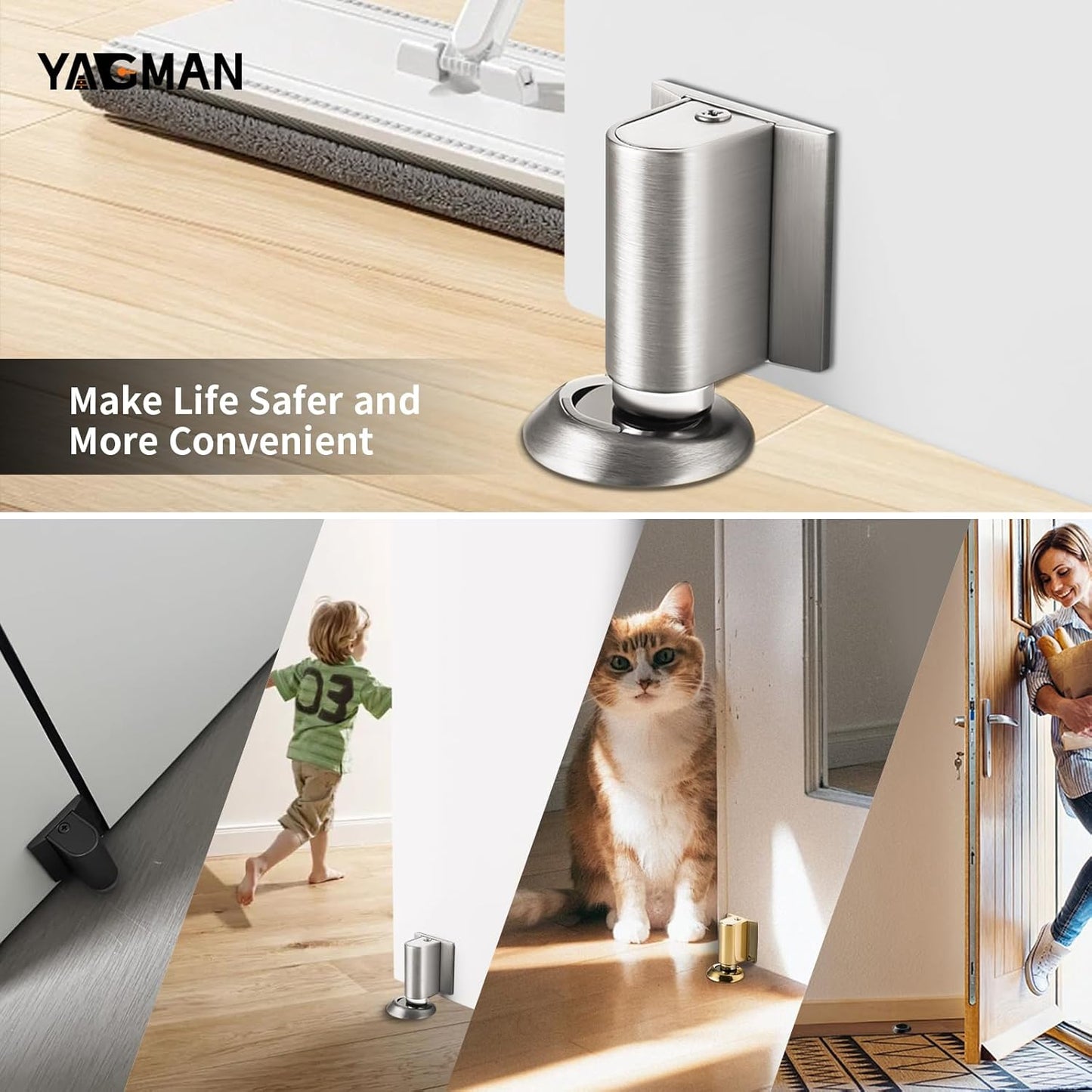 3 Pack Magnetic Door Stoppers Retractable Bottom of Door Holder No Drilling Mount Floor Door Stop with Screws and Adhesive Catch Door Keep Door Open Brushed Nickel BN-3