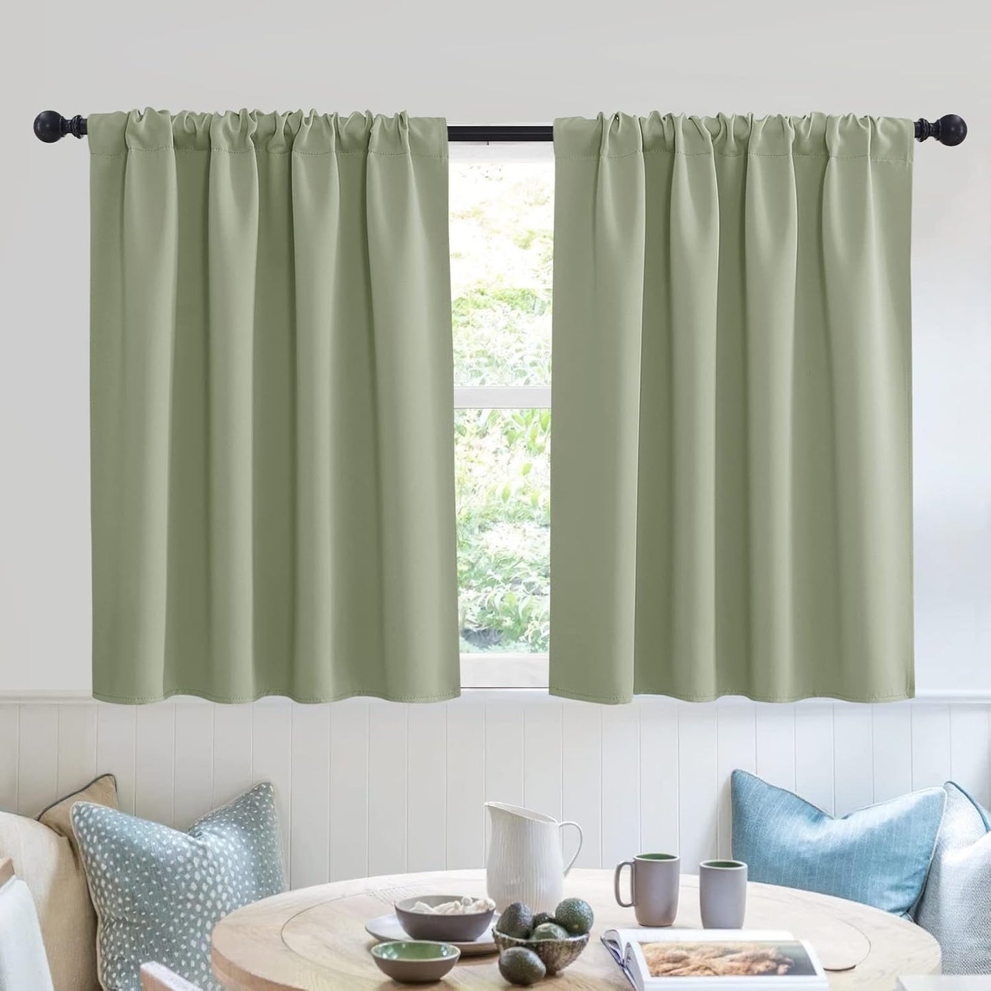 RYB HOME Bedroom Curtains Short - Blackout Privacy Energy Saving Farmhouse Curtains for RV Bunk Camper Bathroom Basement, 52 inch Width x 36 inch Length, Sage Green, 2 Pcs