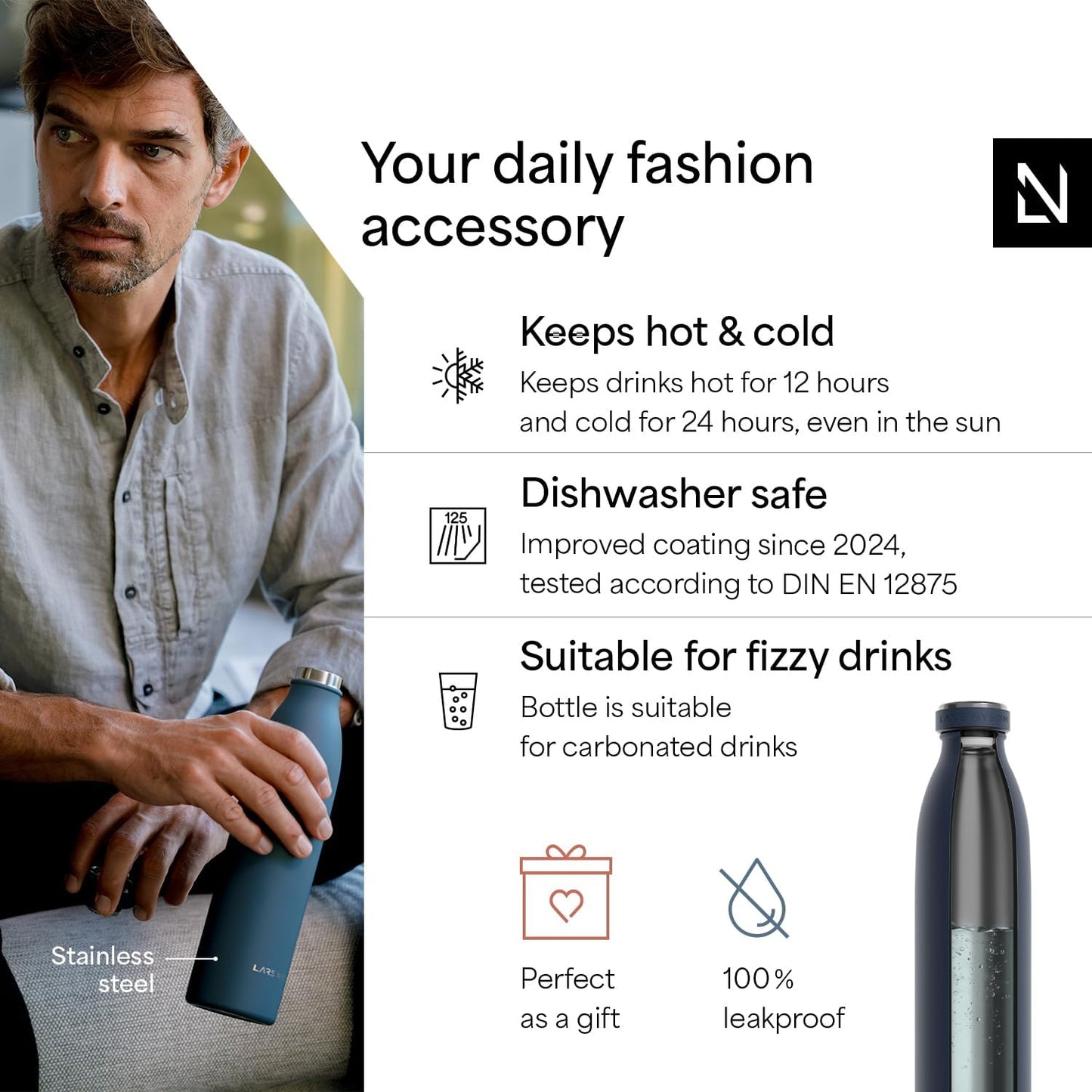 LARS NYSØM Stainless Steel Insulated Water Bottle 12oz 17oz 25oz 34oz 51oz | Insulated Thermo Flask for Hot and Cold Beverages | Leakproof Drinking Bottle (Midnight Blue, 33.9 oz)